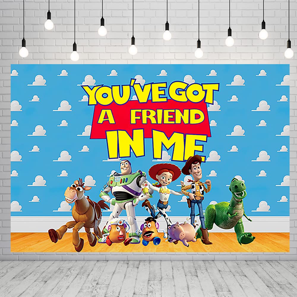 Blue Sky White Clouds Backdrop for Party Supplies 5x3ft You've Got A Friend in Me Birthday Banner Baby Shower Photo Background for Kids Party Decorations Toy Story Photography Backdrop