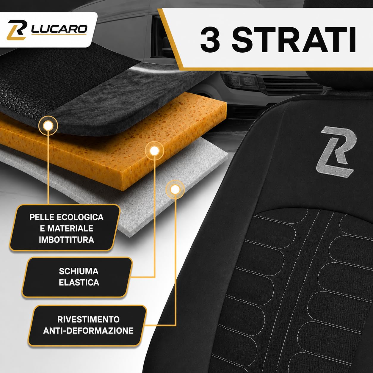 Lucaro Funda de Asiento para Ford Transit Desde 2013, Gris | Juego de fundas 1+2, funda protectora para asiento delantero con ecopiel, materiales certificados