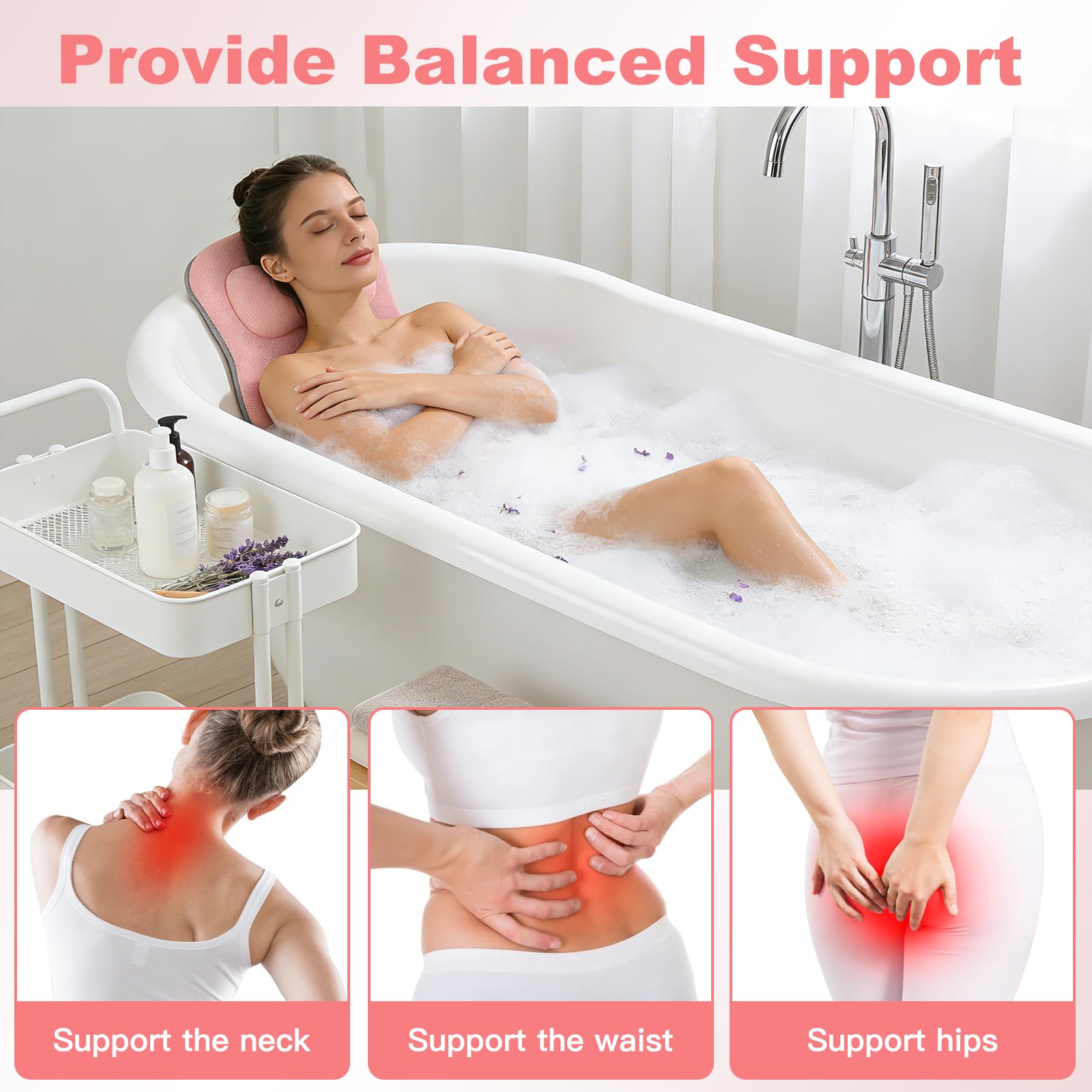 Cuscino intero per vasca da bagno, tappetino da bagno ispessito con poggiatesta supporta collo, schiena e gambe, cuscino per vasca da bagno con ventose e ganci sospesi (rosa)