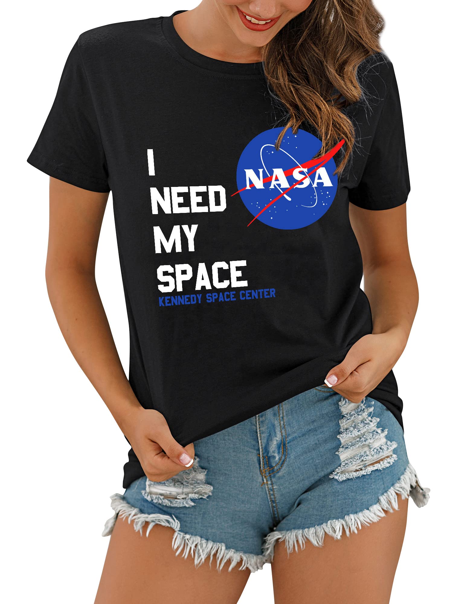 EzcosplayWomen NASA Letter Print T-Shirt I Need My Space NASA Short Sleeve Tees