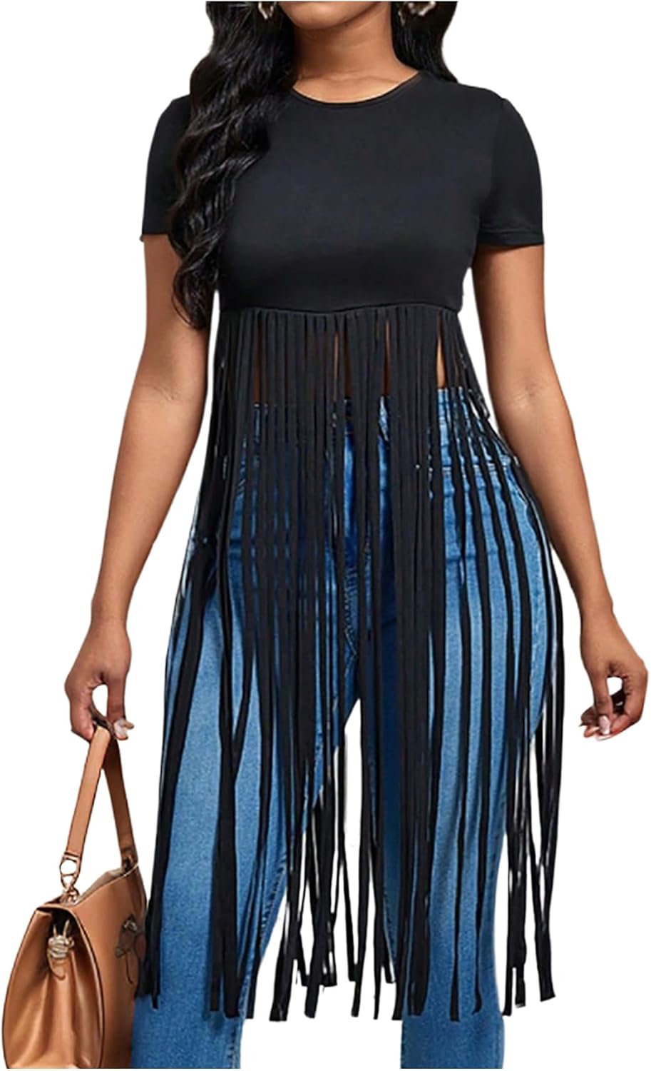 SOLY HUX Women's Short Sleeve Fringe Tops Crew Neck Slim Fit Tee Going Out Summer T Shirt