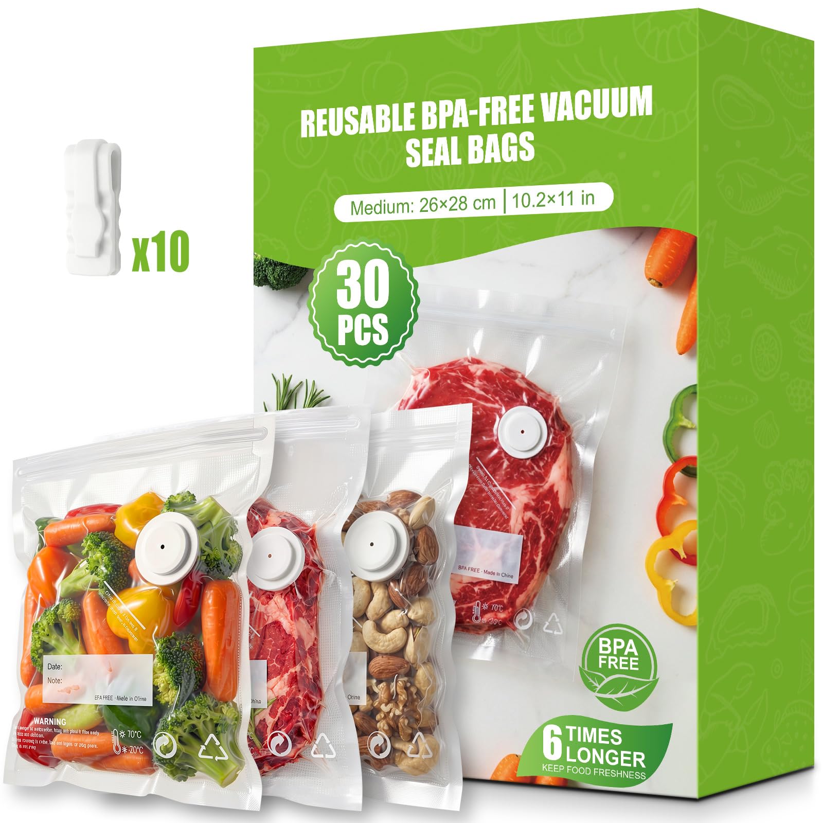 Babacom 30PCS Bolsas Vacio Alimentos Reutilizables para Envasadora al Vacío con Válvula de Aire y 10 Pinzas–Mediano (26x28cm), sin BPA,Mantienen Frescura para Congelador,Microondas y Cocción Sous Vide