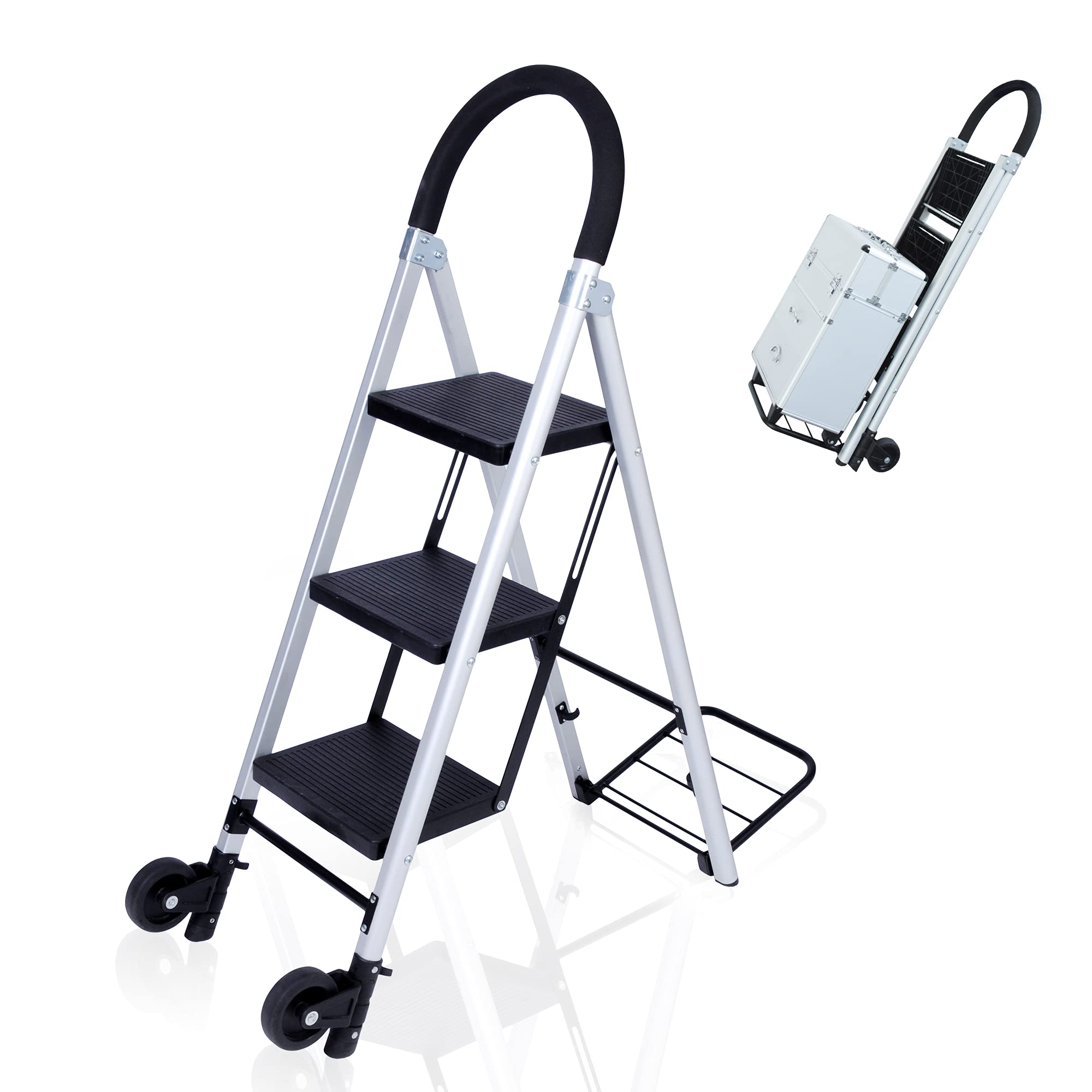 Buy TRY & DO 3 Step Ladder with Wheels Folding Step Stool Aluminum 2in