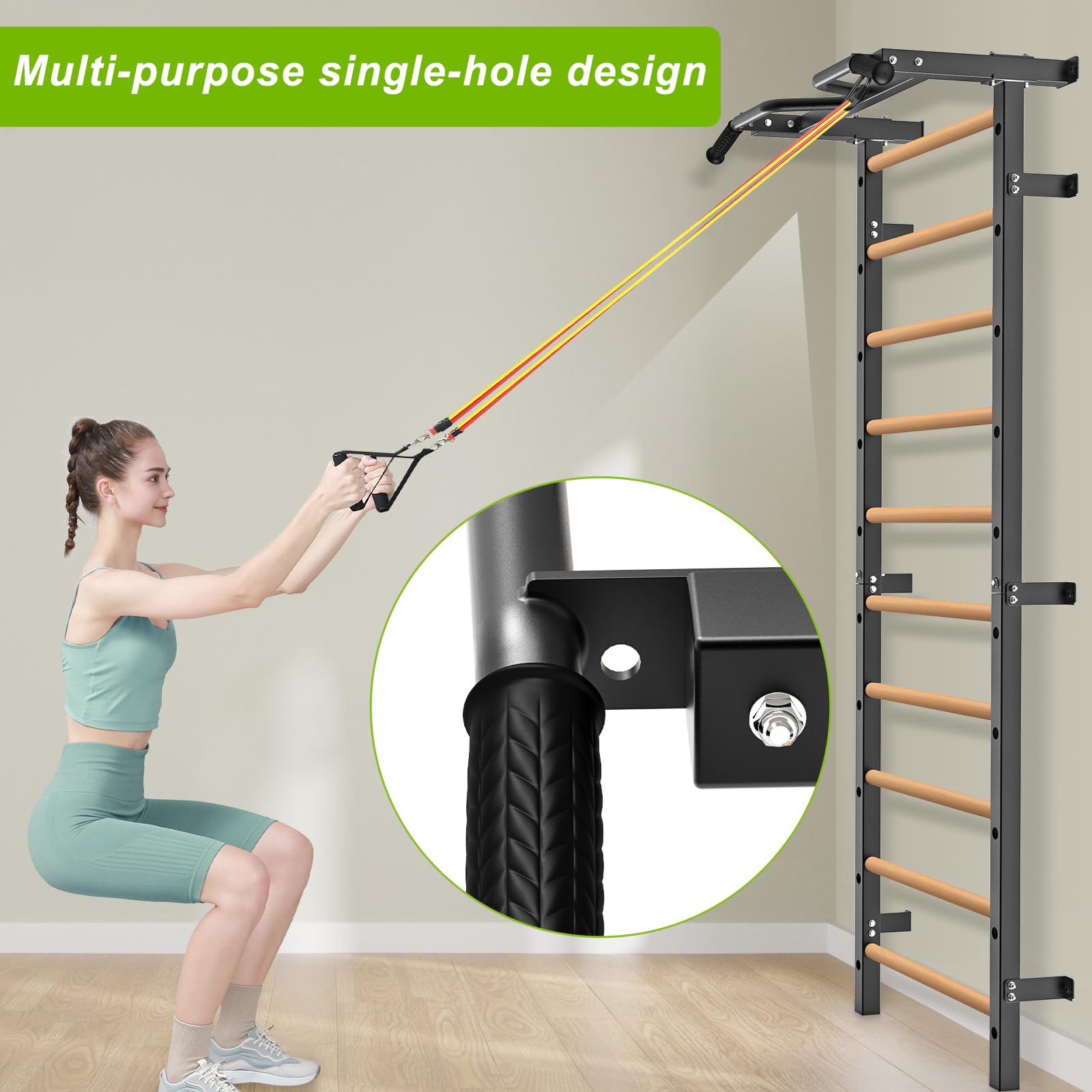 Kipika Turnreck – 5,1 x 5,1 cm schwedische Leiter mit 2,5 cm Loch, wandmontierter Klimmzugstangen-Leiter-Schlingentrainer, Gymnastik-Trainingsreck mit Massivholzgriffen für Zuhause, Wandturnhalle