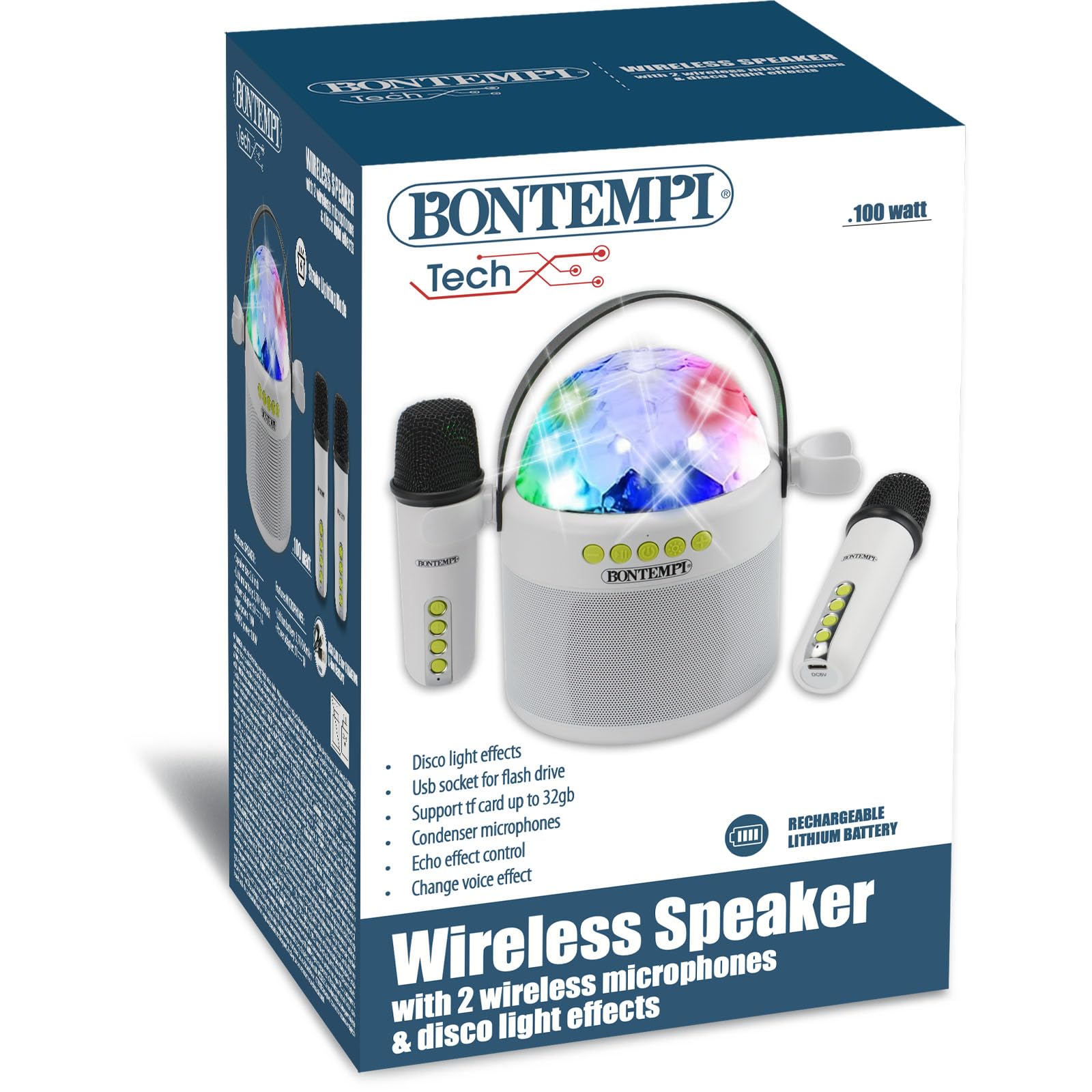Bontempi | Cassa Wireless con Doppio Microfono e Luci LED da Discoteca, 18,5x17x12 cm
