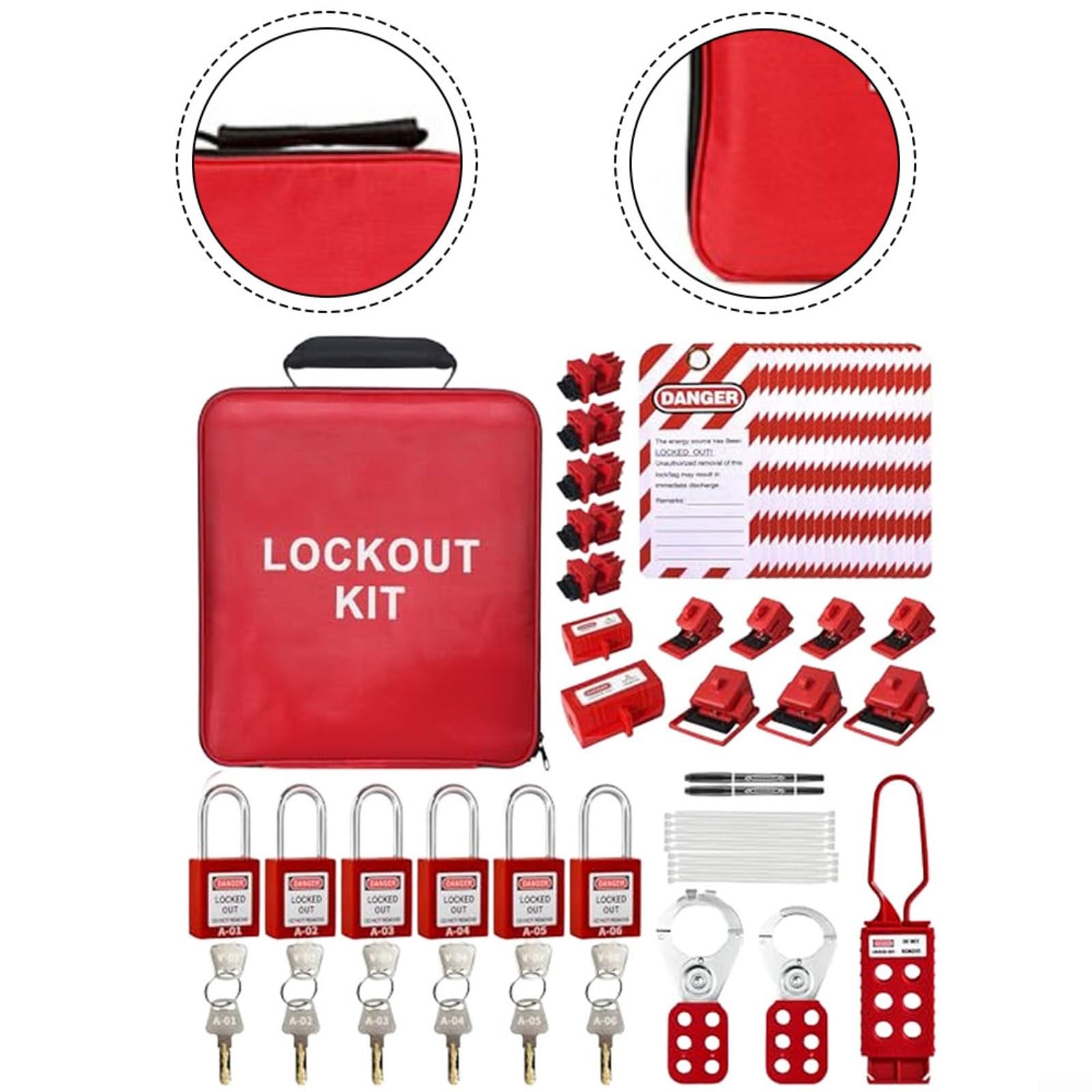 Kit de etiquetado de bloqueo, Kit de etiquetado de bloqueo eléctrico, Para la seguridad de equipos industriales, Cerraduras de disyuntor compatibles con OSHA, Con bridas de nailon, Para