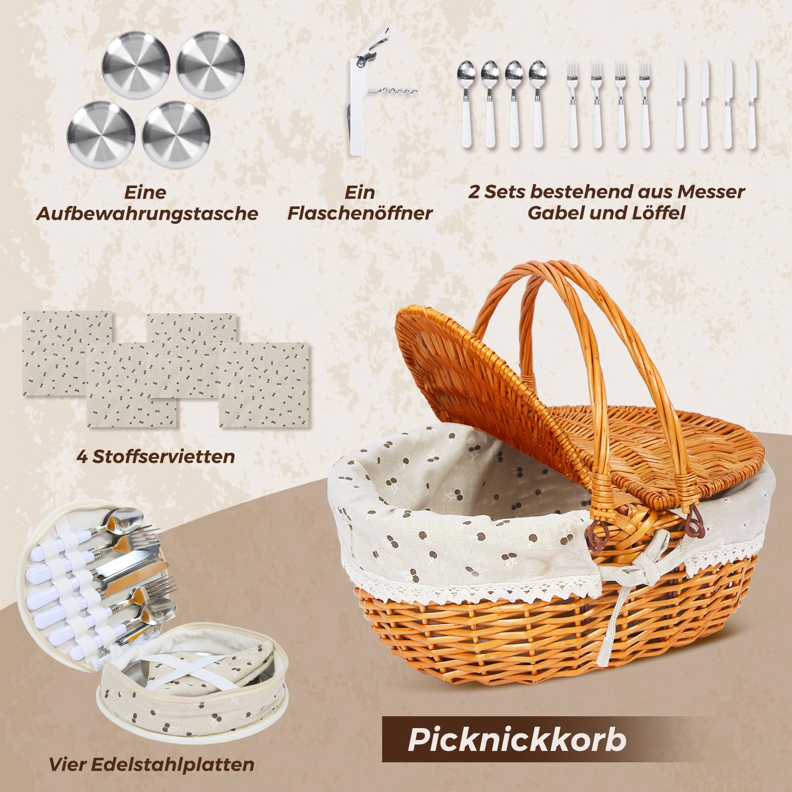 Panier de pique-nique en osier pour 4 personnes, avec couvercle et poignée, panier de pique-nique avec doublure lavable et couverts pour l'extérieur, le camping, Halloween, Noël et un