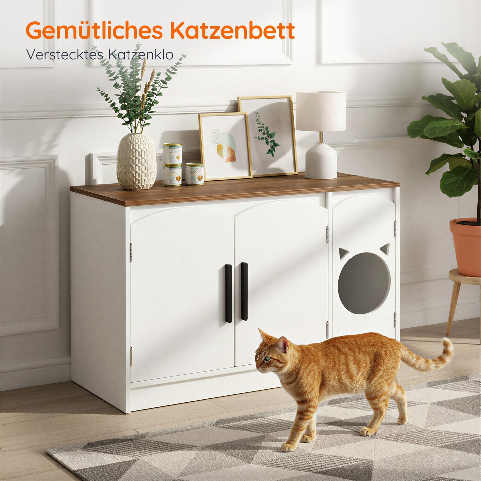 HOOBRO Katzenklo Schrank, Verstecktes Katzenklo, Katzenschrank, Moderner Katzenkloschrank aus Holzwerkstoff mit 2 Türen, Katzentoilette, Katzenmöbel, katzenkopfförmig, Weiß und Walnuss EWH51MW01