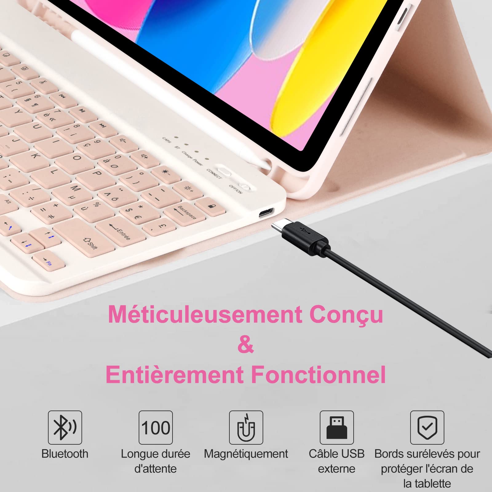 CC Store Coque Clavier pour iPad 10/11 Ème Generation (10.9 Pouces 2022/11 Pouces A16 2025), Étui Français Magnétique Keyboard avec Porte Crayon, AZERTY Layout pour iPad 10/11eme, Rose