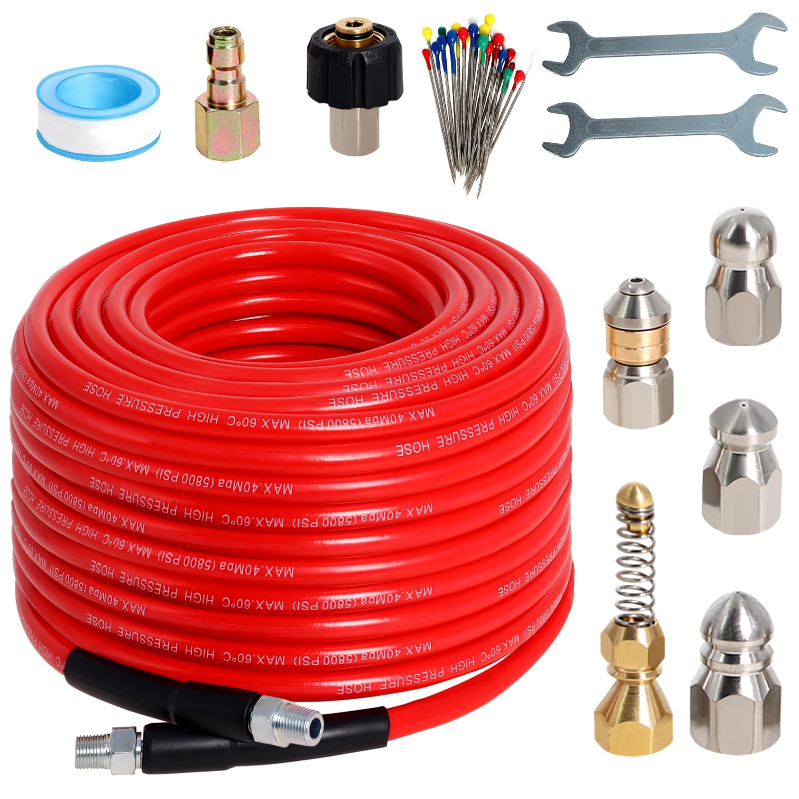 Sewer Jetter Kit for Pressure Washer 100FT, 5800PSI Drain Cleaner Hose 1/4 Inch NPT Corner with 5 Sewer Jetting Nozzles，Waterproof Tape，Pearl Corsage Pin & 2 Spanners (Red)