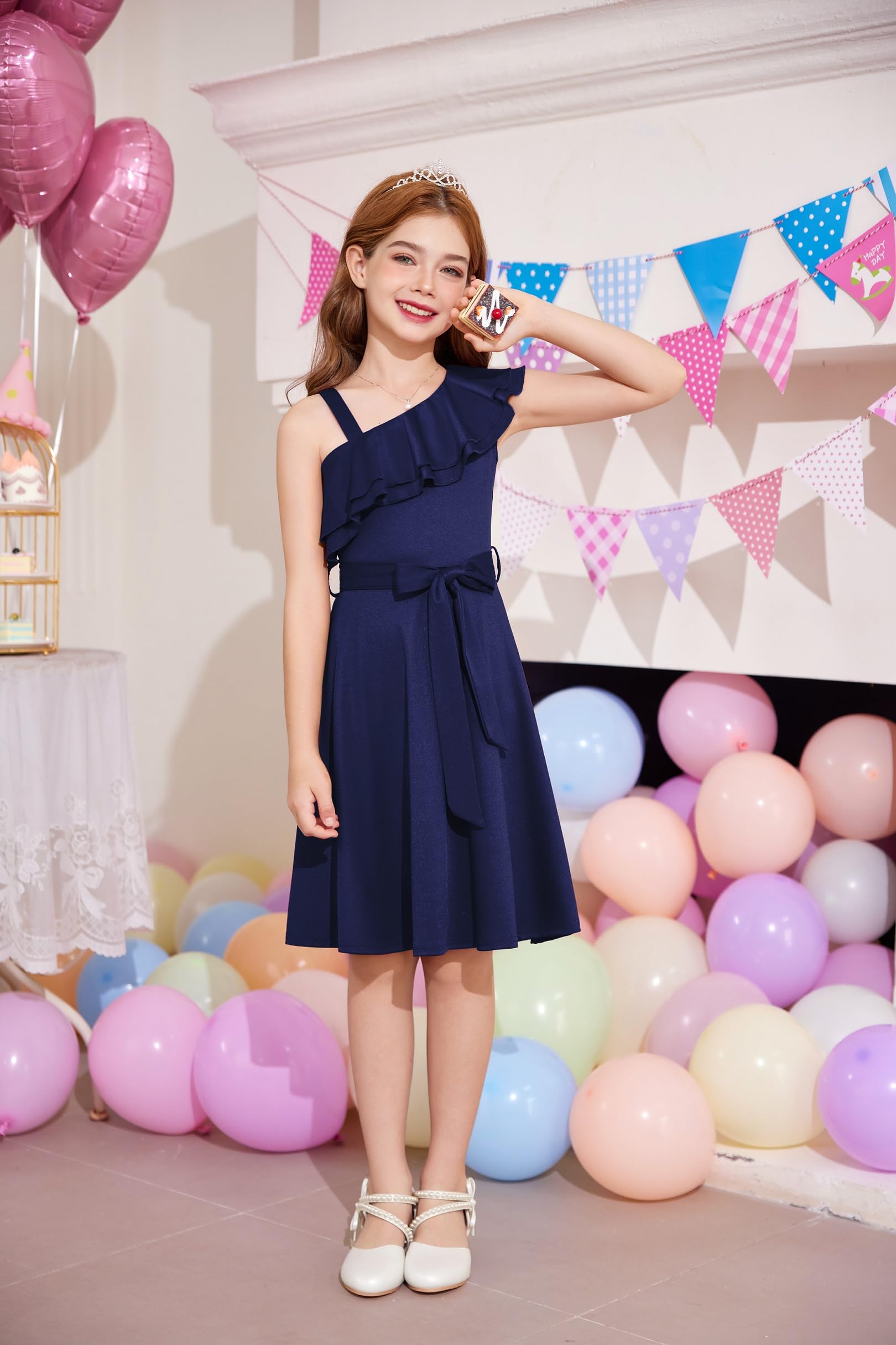 Arshiner Filles Robes Une Épaule Robes Eté Col Ruffle Robe de Fête Elégante sans Manches Robes pour Fille 5-14 Ans