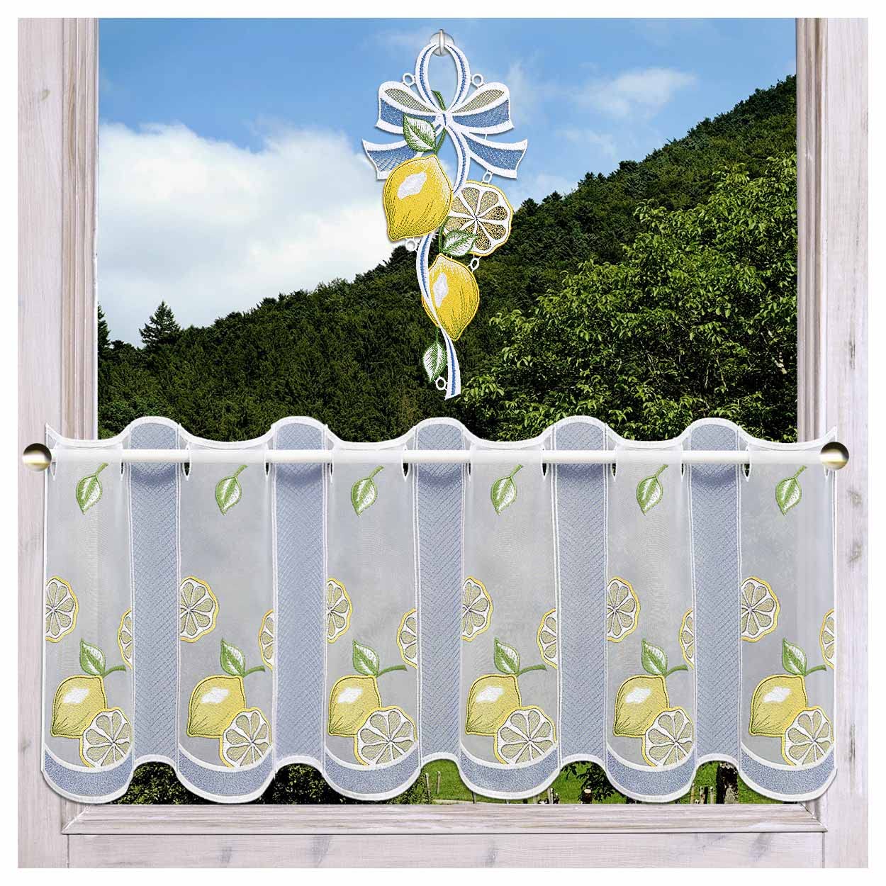 Scheibengardine Zitronen bestickt | Echte Vogtländische Spitze Landhaus Küchengardine & Bistrogardine | Kurzgardine sommerliche-fruchtige Fensterdeko Kurzstore Allzeit-Deko H x B 55 x 107 cm