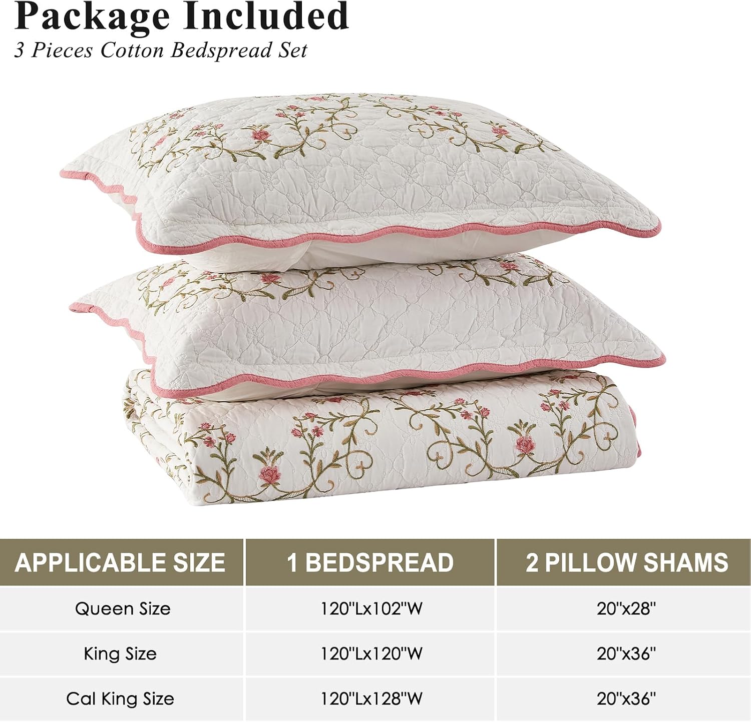 Oversized King Bedspreads 120x120 - Farmhouse Floral Embroidery Reversible California King Quilt Set, 3-Piece Lightweight Thin Comforter Coverlet Set,100% Cotton, Cal King, Pink/White