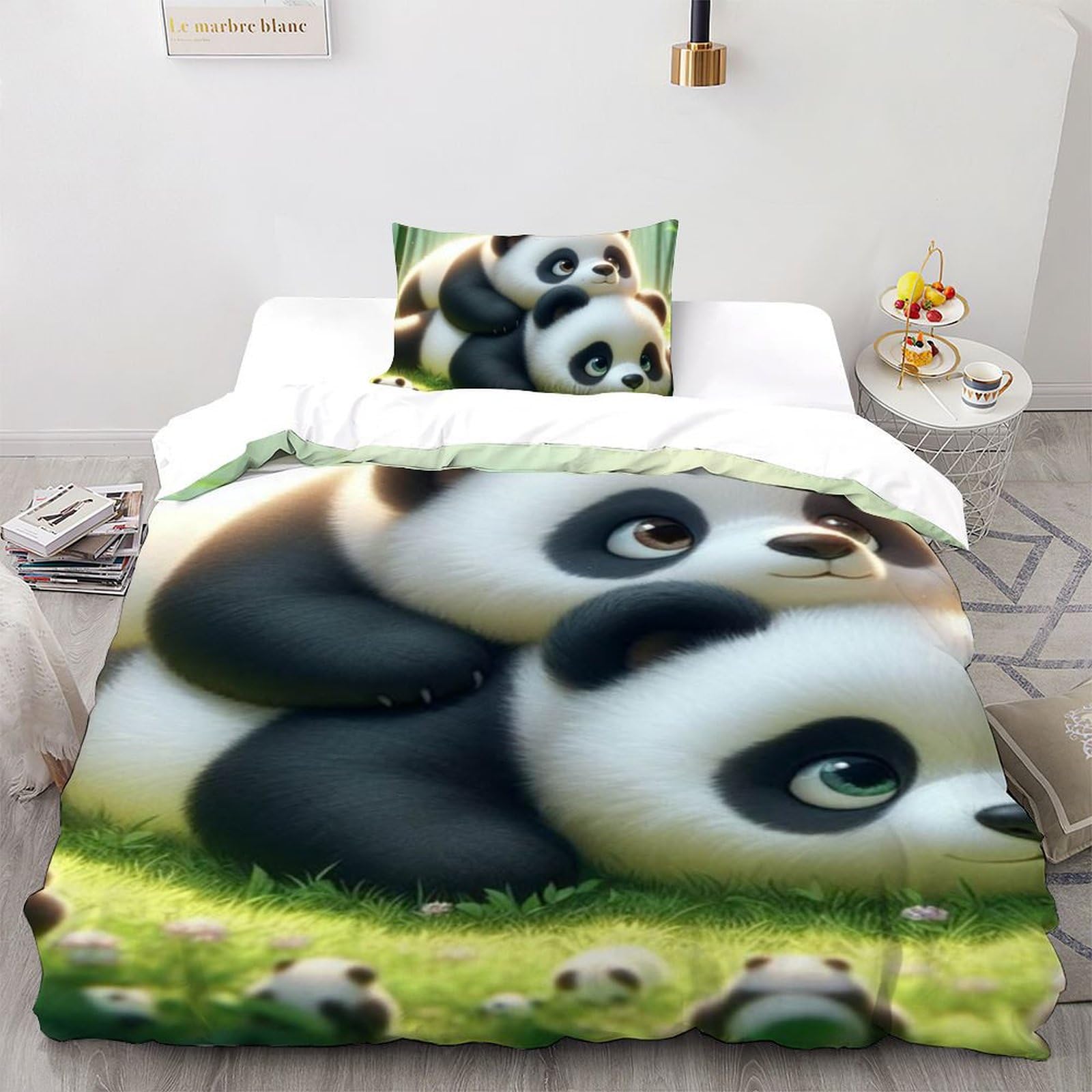 Housse de couette panda anti-plis en microfibre pour lit enfant facile à laver avec taie d'oreiller