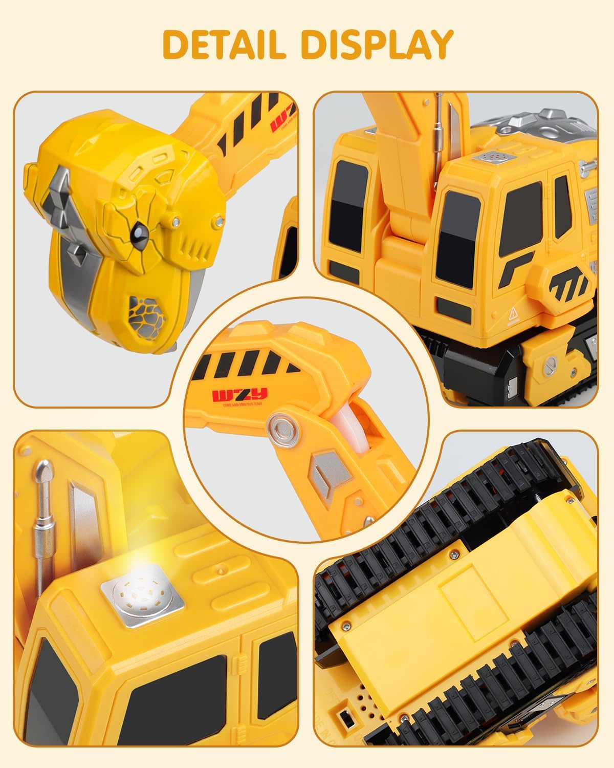 Remote Control Excavator Toys for Boys 4-7, Construction Trucks 2.4GHz RC Excavator with Light and Sound, Dinosaur Toys for Kids 3-5, Christmas Birthday Gifts for Kids (Yellow)