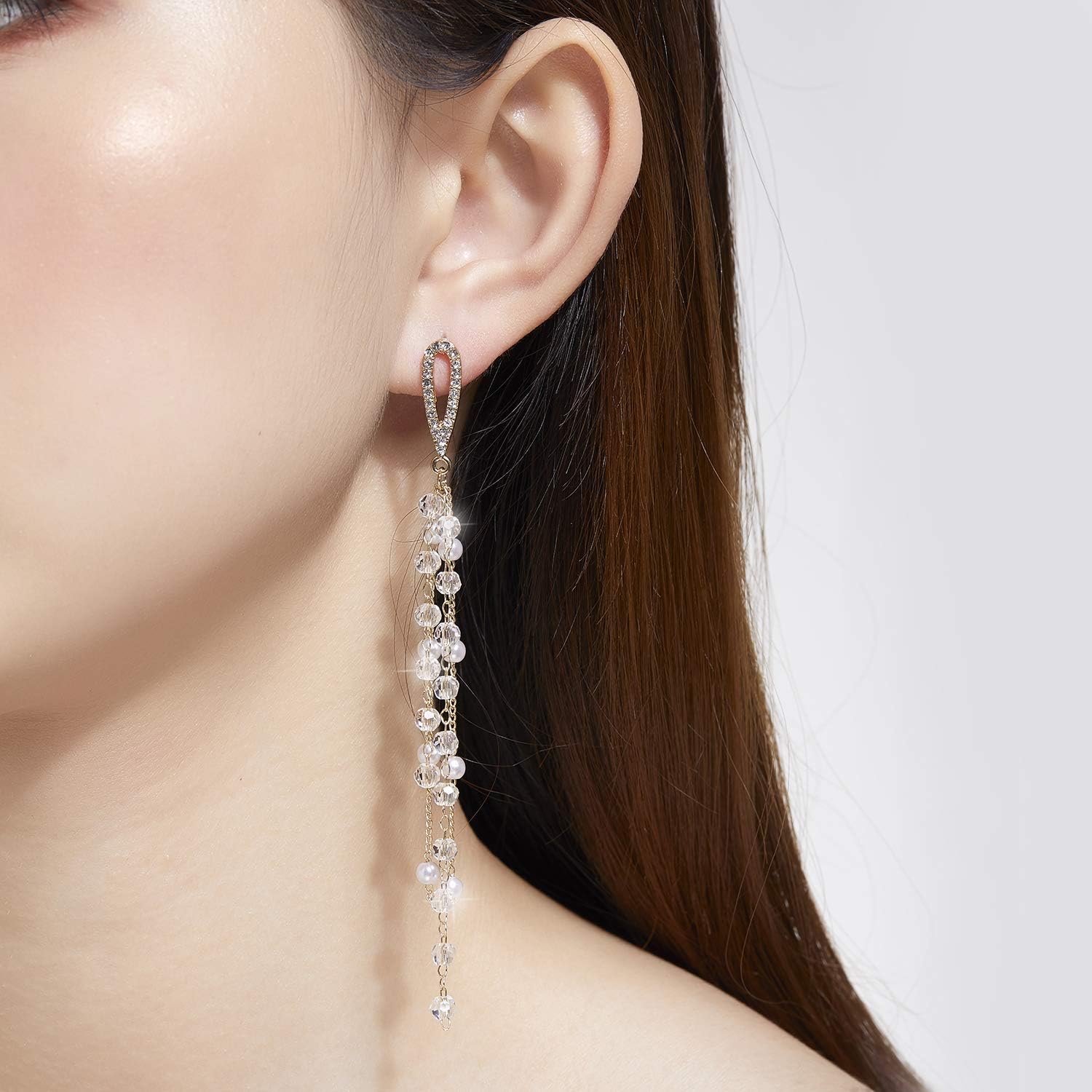 Kruckel Waterfall Earring - Spring-Inspired Dangle Women Jewelry, Golden Studs with Clear Sparkly Pearl Long Drops, Easy - Wear Fashion Design Accessory Packed with Durable Jewelry Box - Image 3