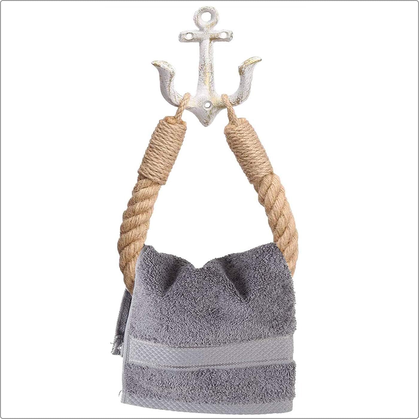 LMHEJING Nautical Rope Towel Ring, Toilet Paper Holder Beach Themed Bathroom Decord with Metal Hook for Beach Themed Bathroom Decor (White)…
