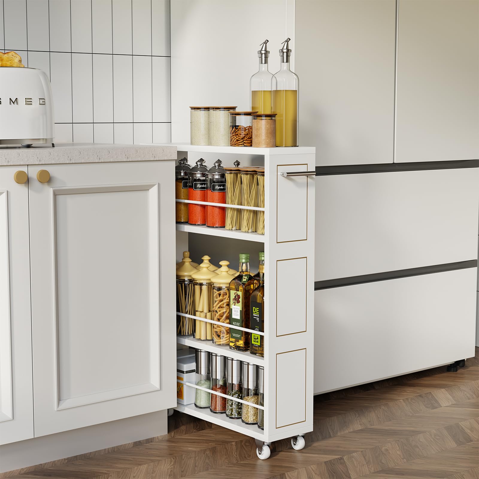 Photo 1 of KLM 4 Tier White Slim Storage Cart with Handle, Slide Out Storage Rolling Utility Cart for Kitchen, Laundry, Narrow Places-6.7" W