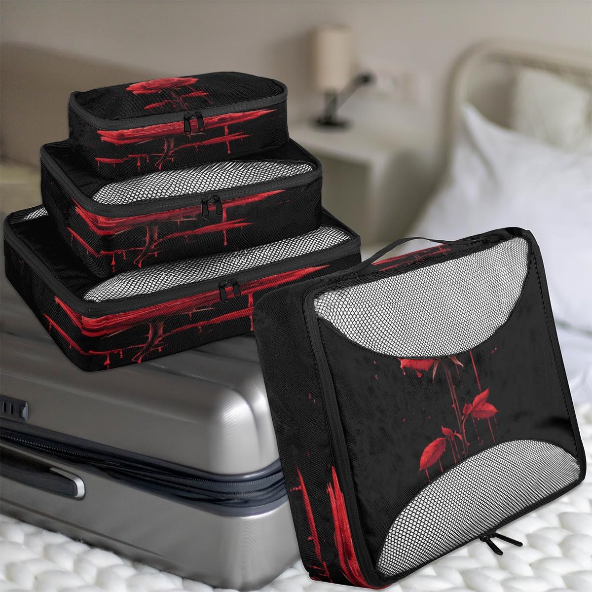 Rose Design 4 Set Packing Cubes Packing Cubes for Women Lightweight Travel Essential Bag Clothes Carry on Suitcase Bags for Accessories Essentials