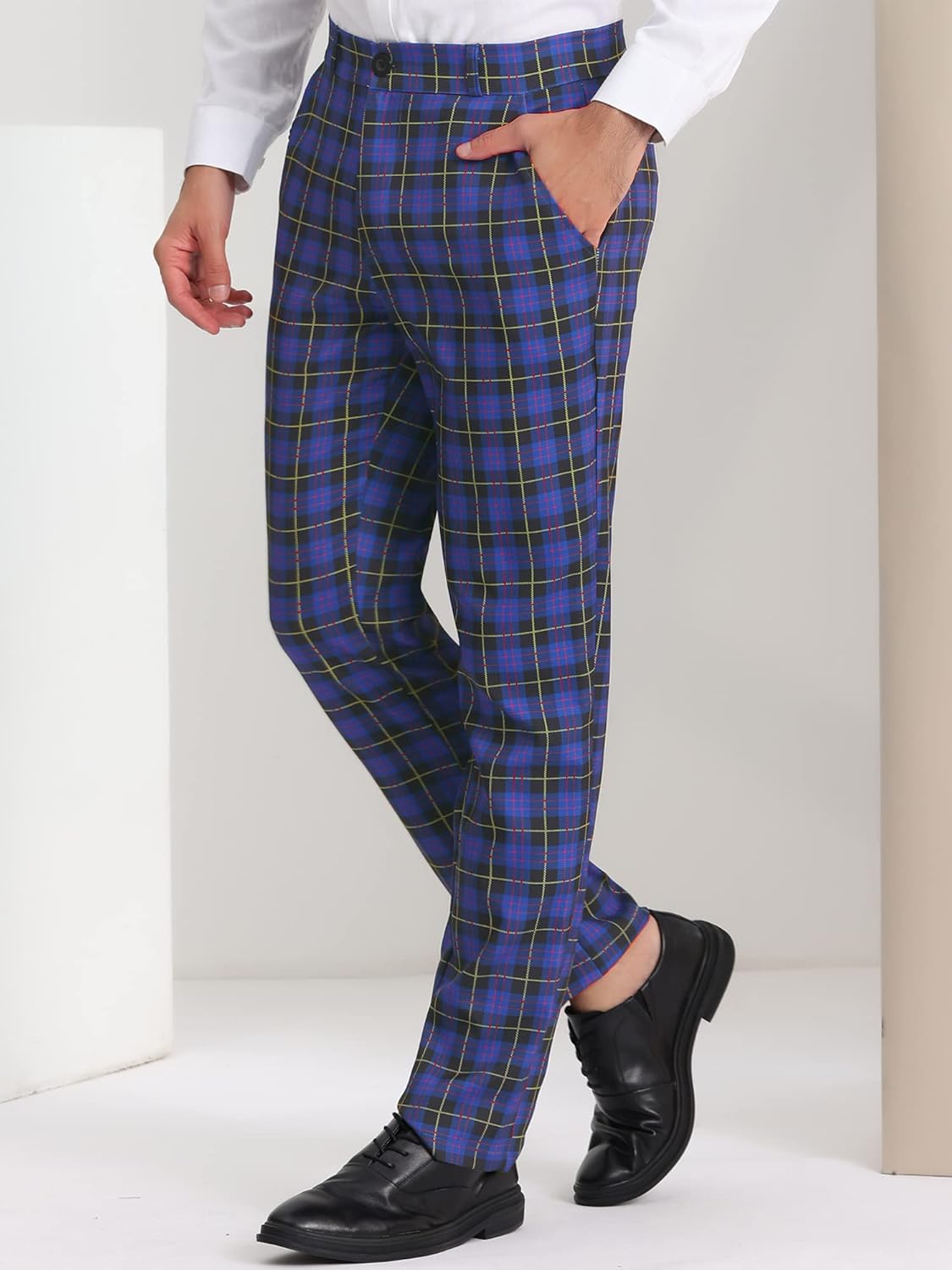 Lars Amadeus Men's Plaid Dress Pants Flat Front Regular Fit Business Checked Trousers - Image 4