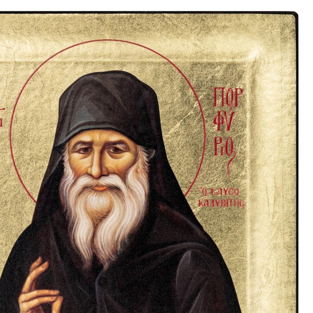 VATOPEDI MONASTERY Heiliger Porphyrios von Kavsokalyvia – Griechisch-Orthodoxe Ikone auf Leinwand mit goldenem Hintergrund vom Berg Athos (19 x 15 cm)