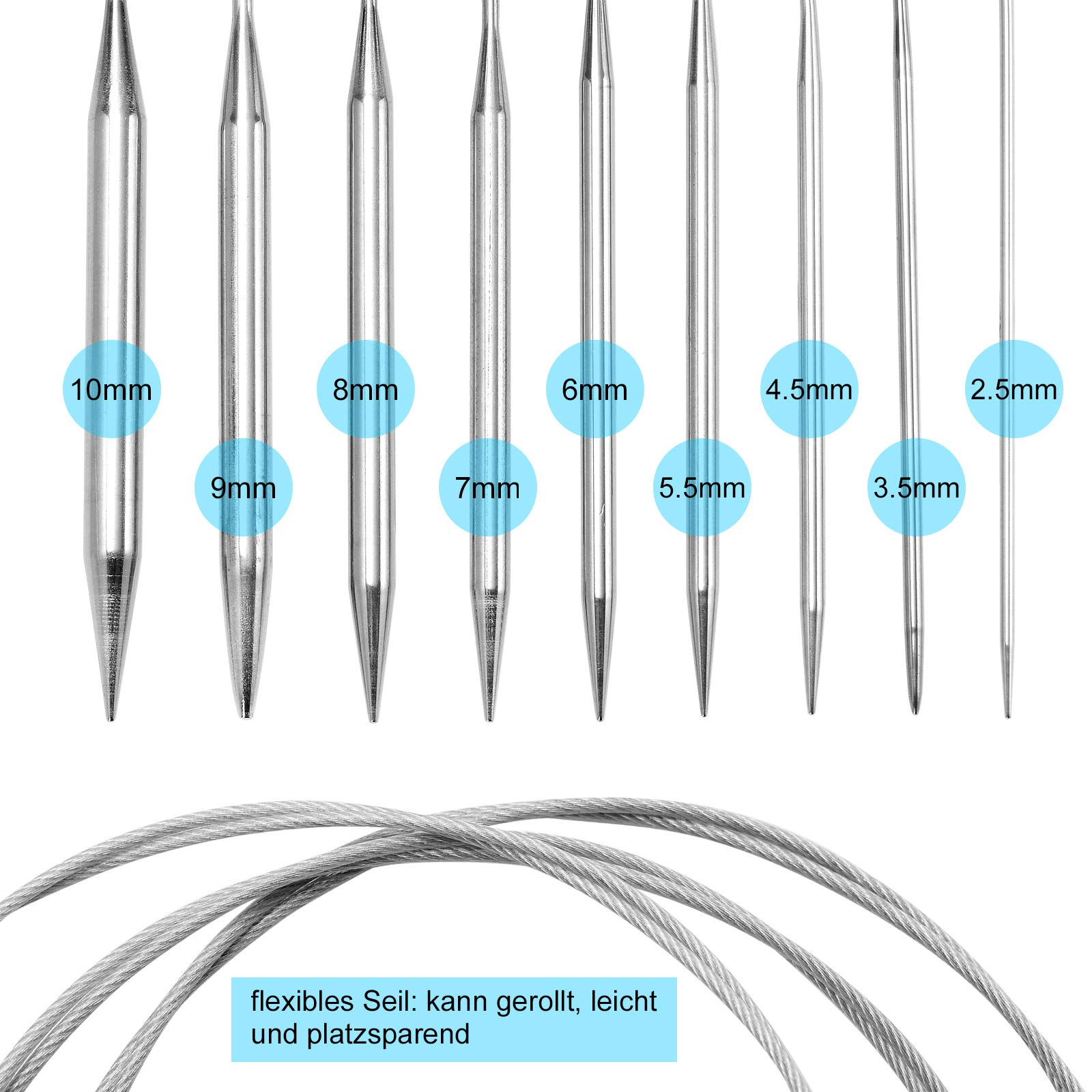 Set De 9 Aiguilles à Tricoter Circulaires ZITFRI - 80 Cm, Acier Inoxydable (2,5 à 10 Mm) - Pour Chaussettes, Bonnets, Écharpes - 3