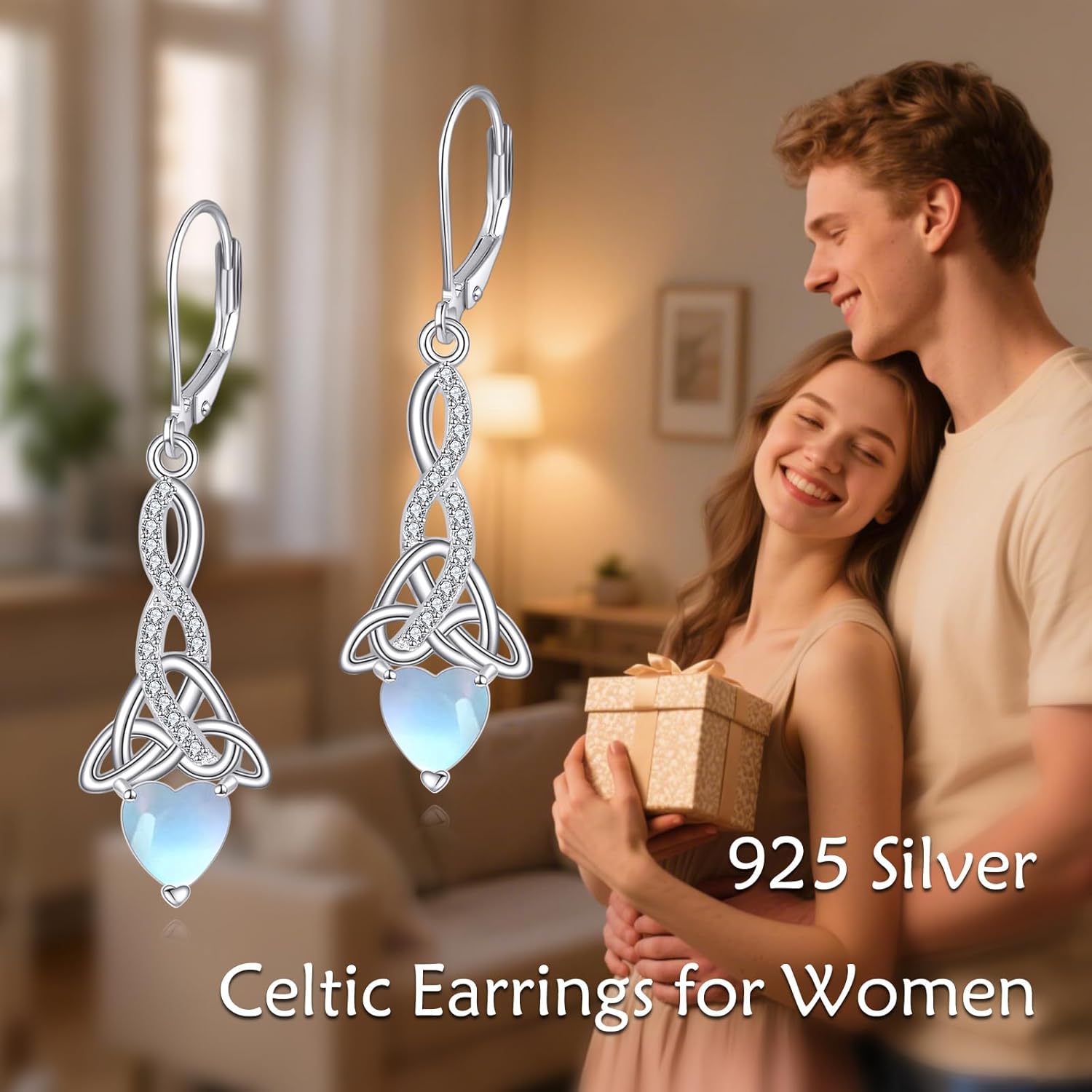 Celtic Earrings 925 Sterling Silver Celtic Knot Moonstone/Claddagh Turquoise Leverback Earrings Irish Celtic Norse Jewelry Gifts for Women