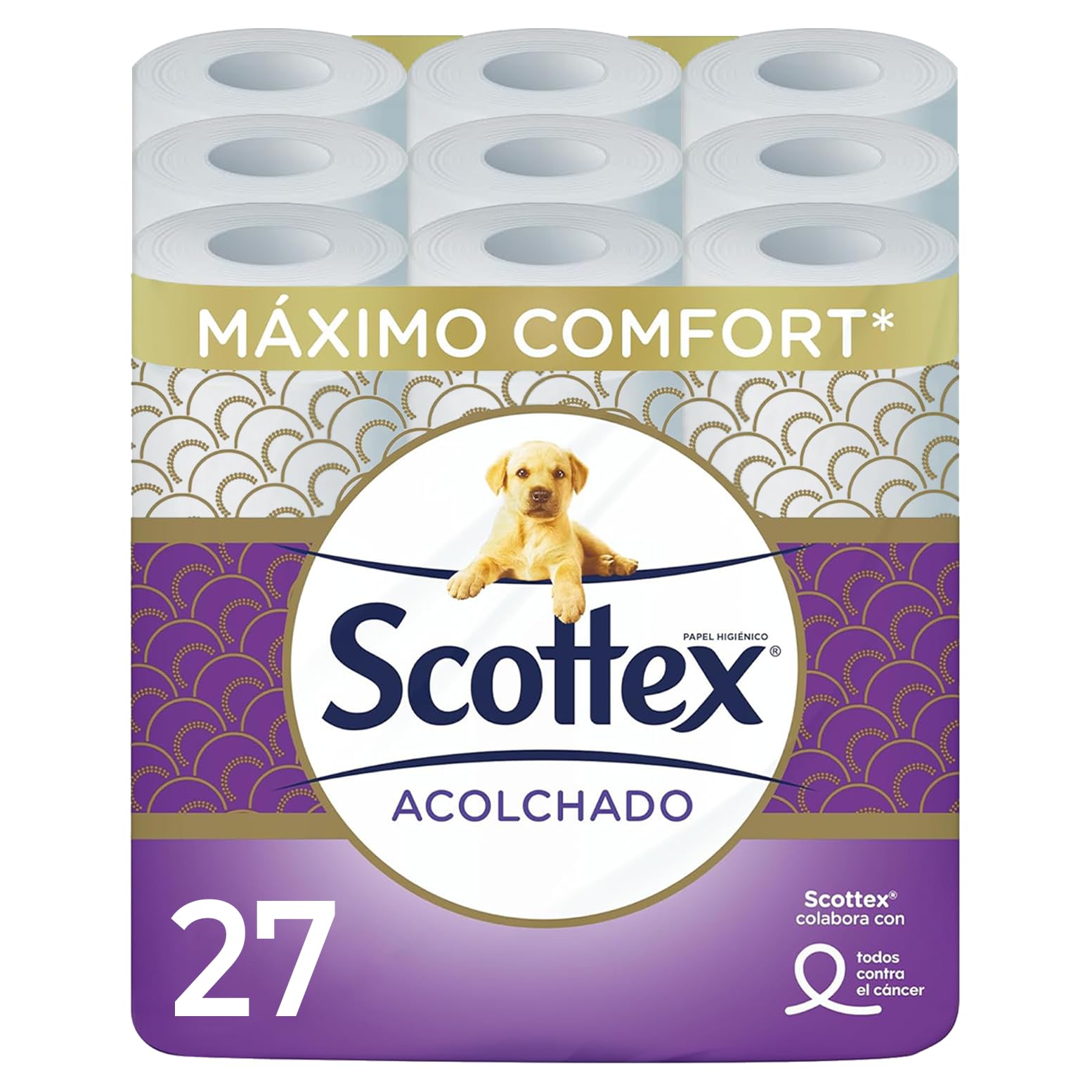 Scottex Papel Higiénico Acolchado - 27 Rollos - Rollos con 3 Capas de Confort y Suavidad