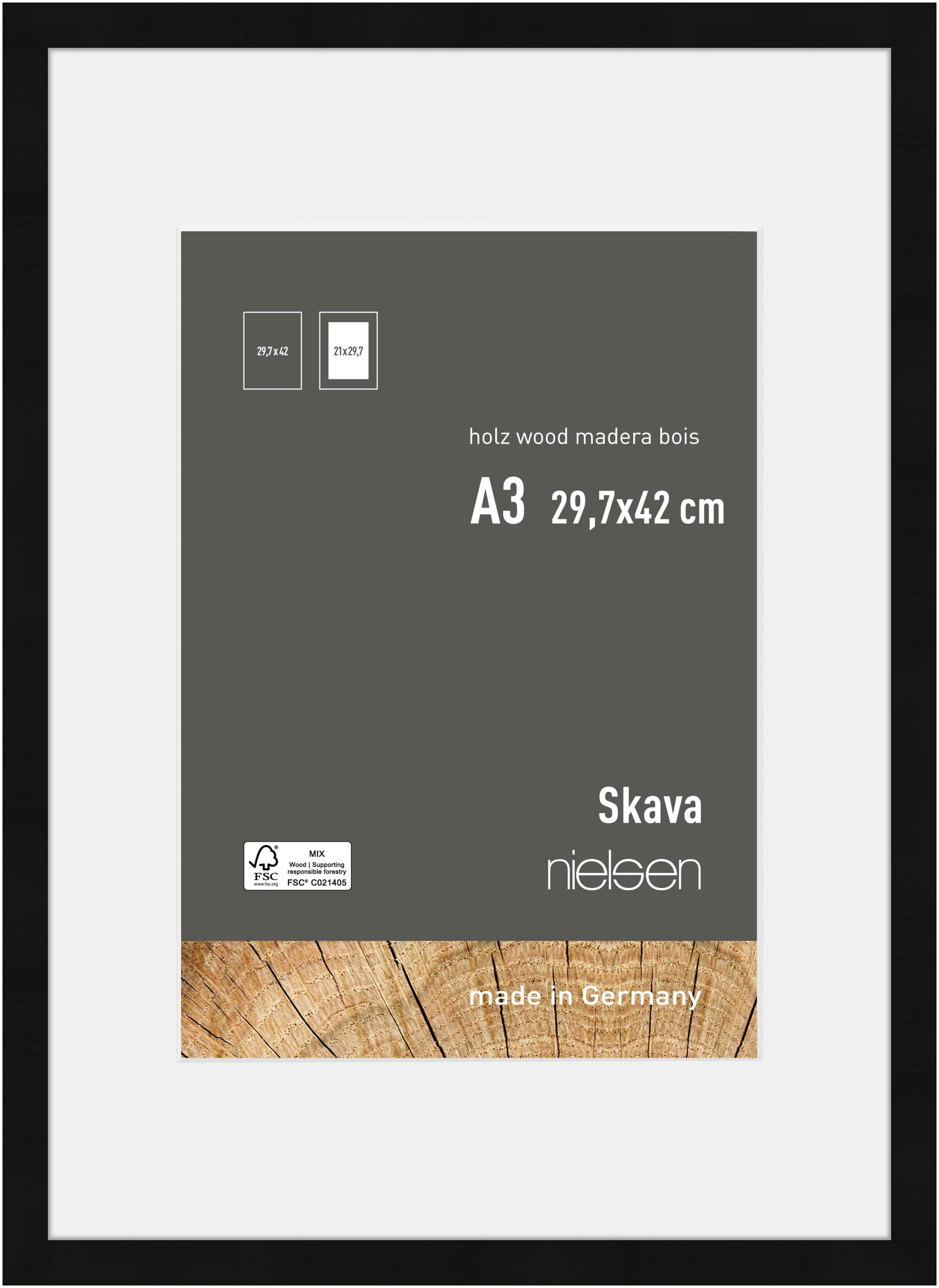 Skava A3 Wooden Picture Frame - Black - Nielsen - With A4 Mount & Glass Front