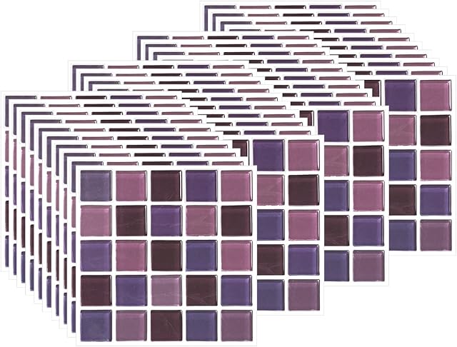 FBBULES 40PCS Tile Stickers, PVC Self-Adhesive On Tile Peel Stick Wallpaper Waterproof Wall Tiles Transfers Decor for Living Room Kitchen Mosaic Style Purple (10 x 10cm / 4 x 4 inch)