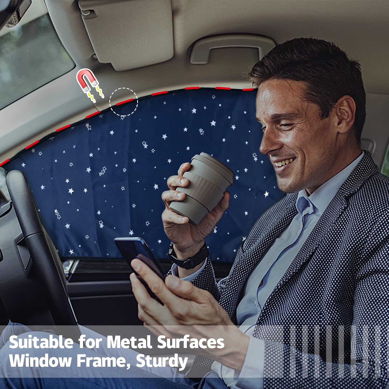 ZATOOTO Car Window Shades - 2 Pcs Blue Star Satin Side Front Protection Covers - Magnetic Privacy Sun Shades Curtain Keeps Cooler for Baby Kids Sleeping