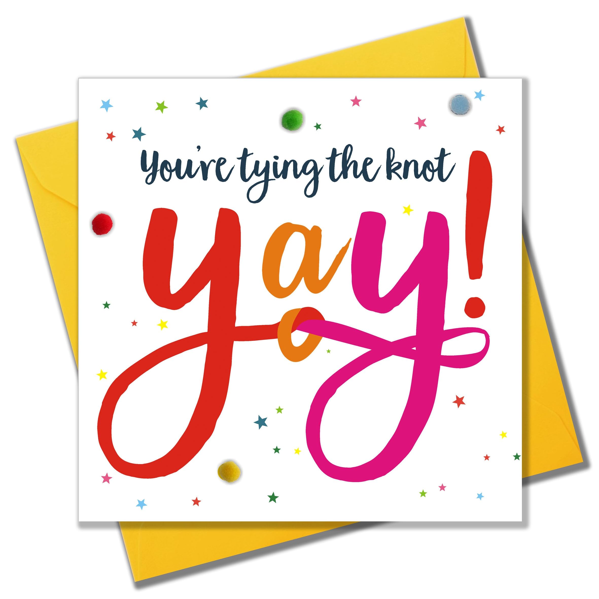 Claire Giles Greeting Cards, Wedding Engagement Card, Tying the Knot Yay! Embellished with colourful pompoms
