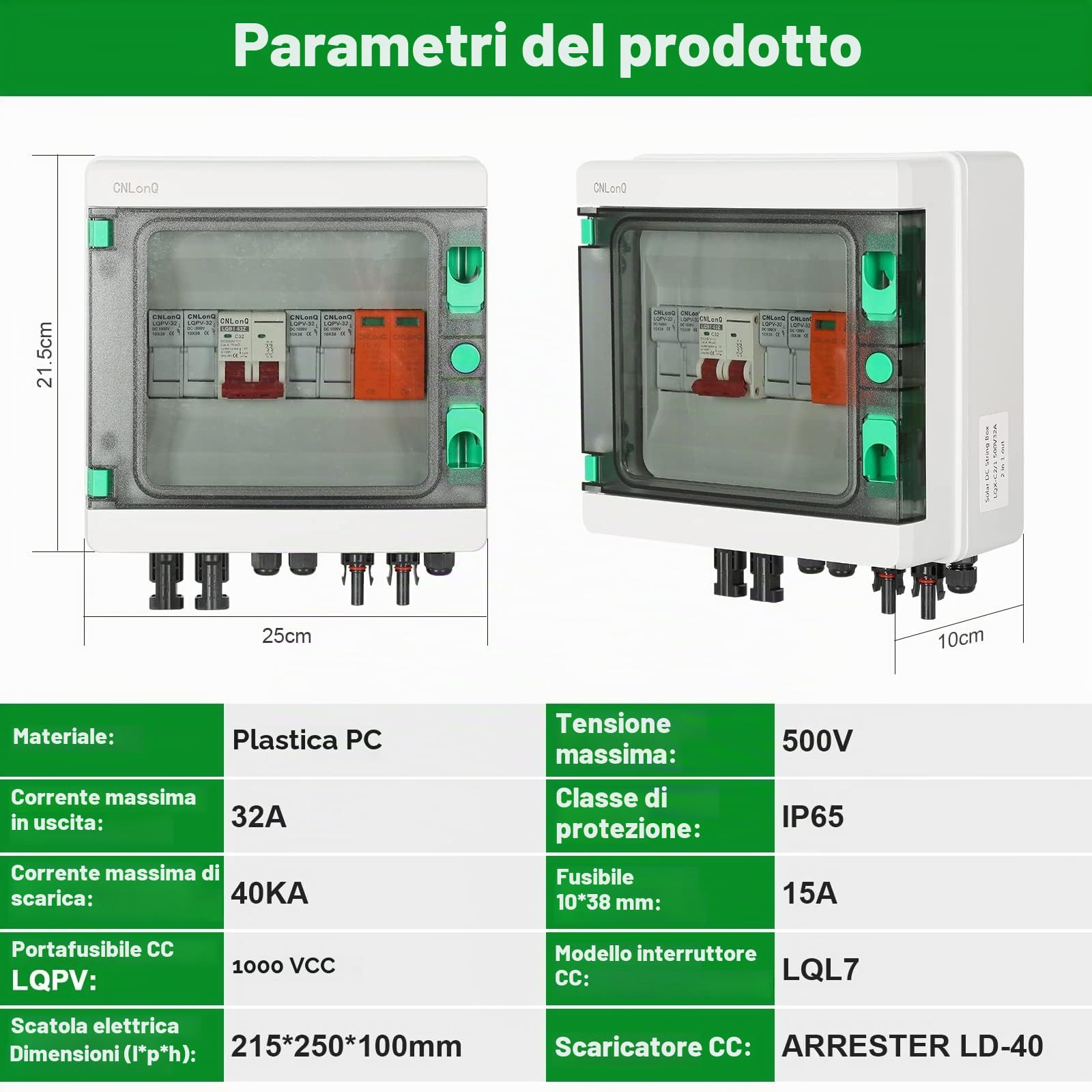 BuyWeek Solare Fotovoltaico Combiner Box, 500V 32A Interruttore Isolatore CC Solare, Scaricatore di Sovratensione, Impermeabile IP65, per Sistema di Energia Solare Fotovoltaico (2 in 1 out)