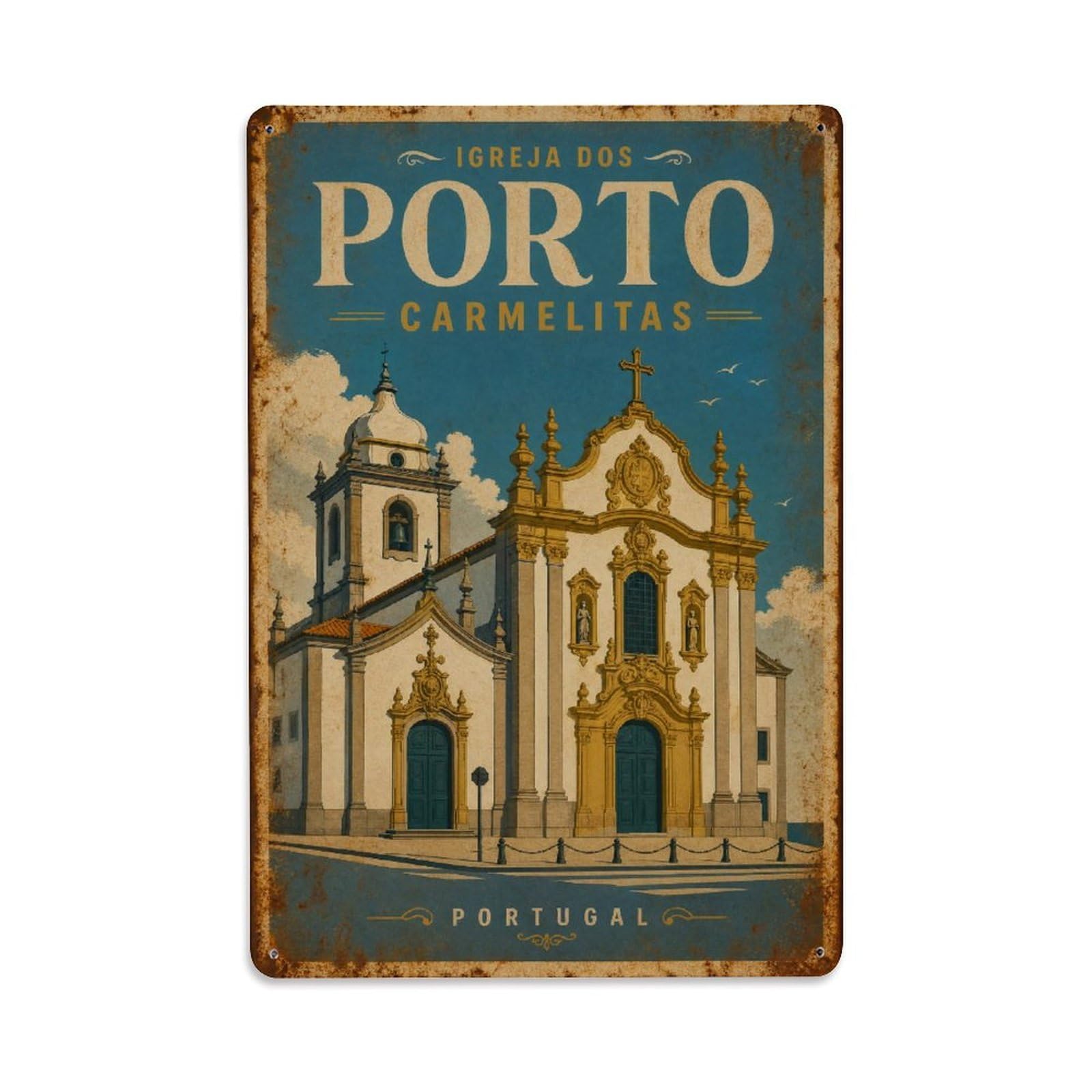 Huiyhb 8X12inch(20X30cm) Vintage Travel Igreja Carmelitas Twin Churches Portugal Metal Tin Sign