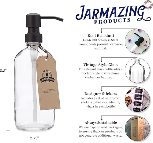 Miniatura 4 de Dispensador de jabón y loción en tarro de vidrio transparente con bomba de acero inoxidable, 16 onzas (1)