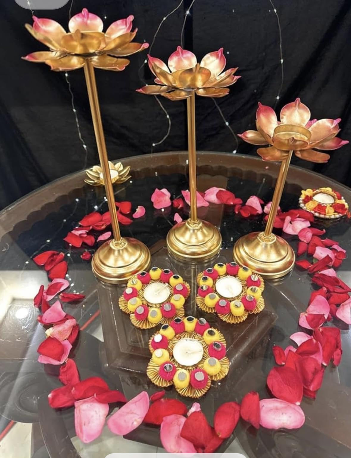 Agaas Enterprises Beautiful Metal Lotus Shape Tealight Candle Holder Set of 6 Diwali Decoration Floor Diya Festival Decor Corporate Gift Indoor Outdoor Decoration Item Diwali Gift Item_Metal Colour