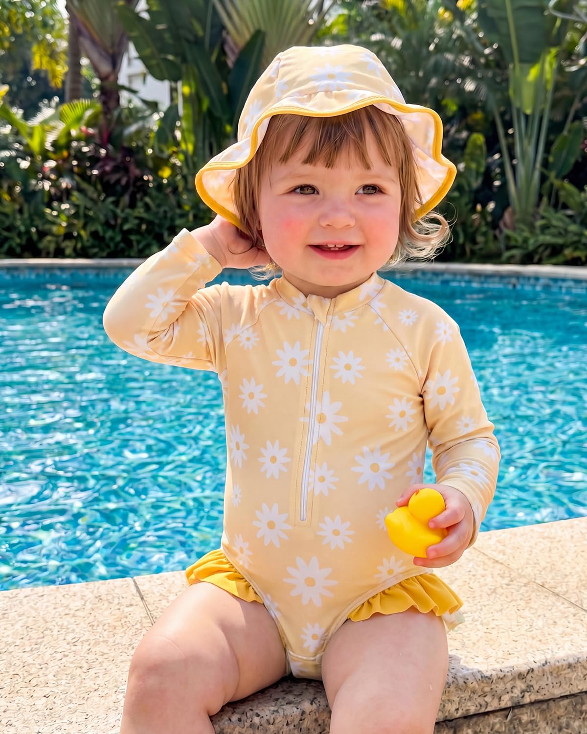 WYTbaby Costume da bagno per neonata a maniche lunghe con cappello floreale con volant costumi da bagno con fondo a scatto Protezione solare Costumi da bagno per neonata 3M-3T