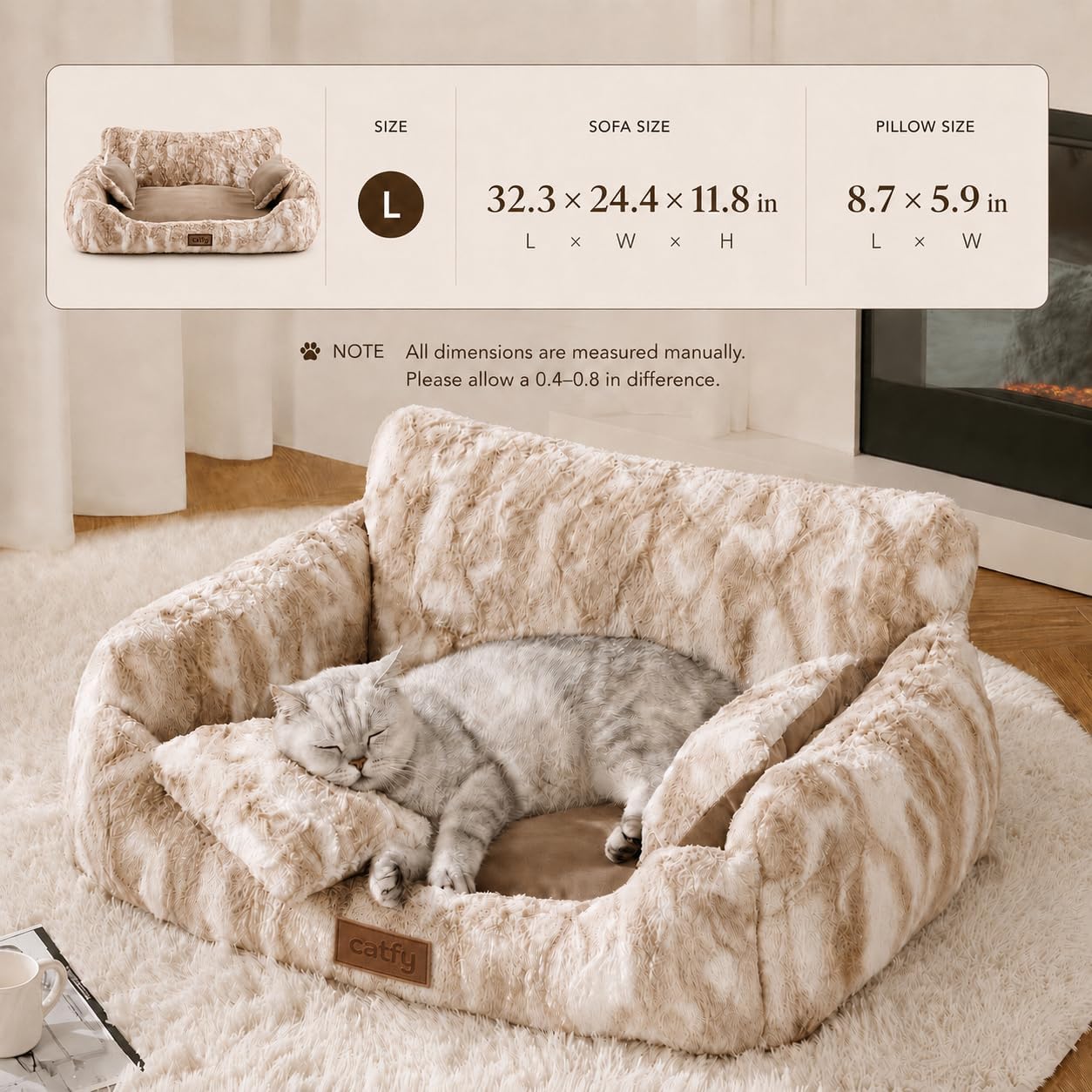 Catfy™ Plush Cat Couch with Pillows – Washable Cat Sofa Bed with Supportive Backrest and Non-Slip Base for Indoor Cats and Kittens