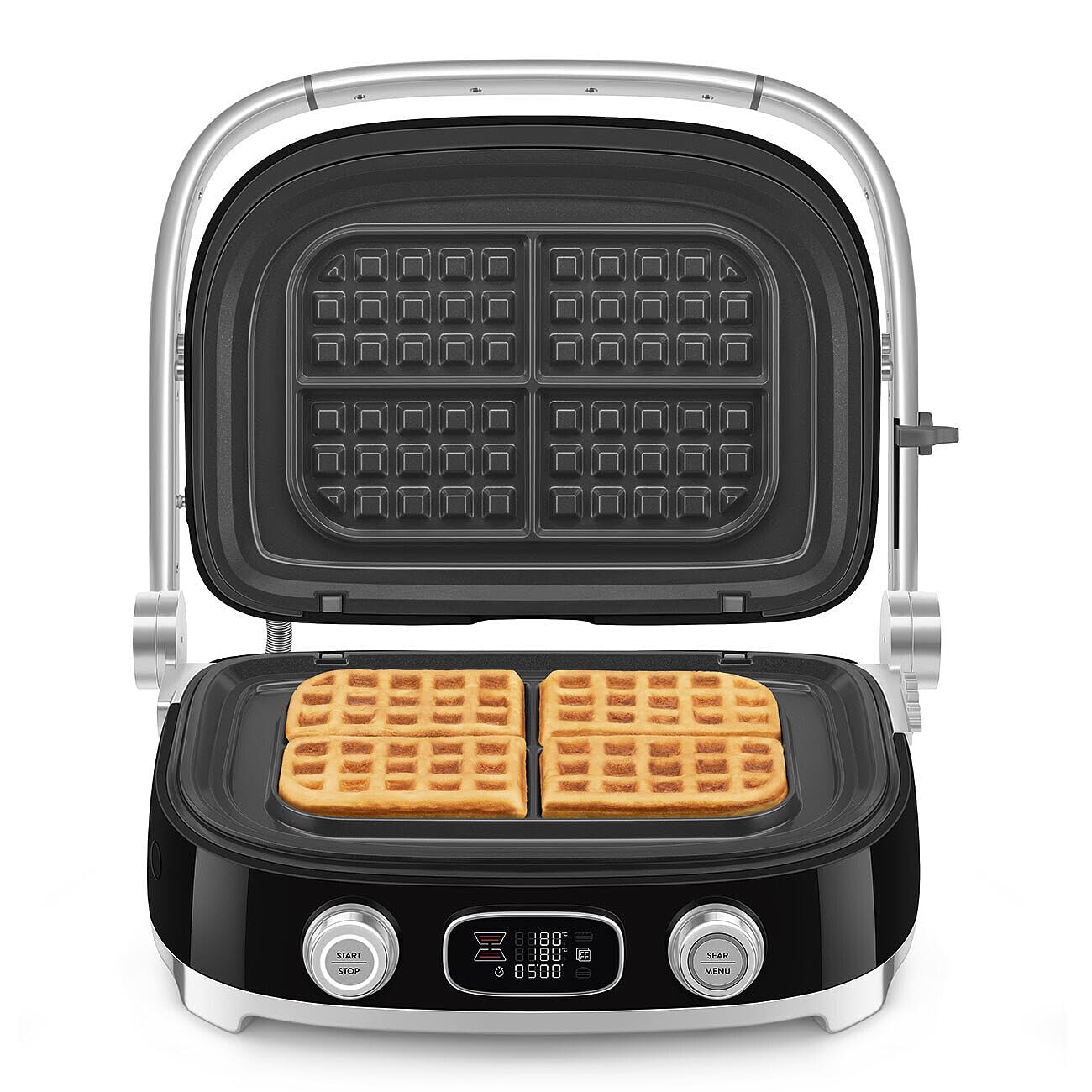 Smeg, MGF01BLEU, Grill Elettrico Multifunzione 3 in 1, Nero | Funzione SEAR, 3 Modalità di Cottura, Preset Panini, Waffle e Burger, 4 Piastre Incluse