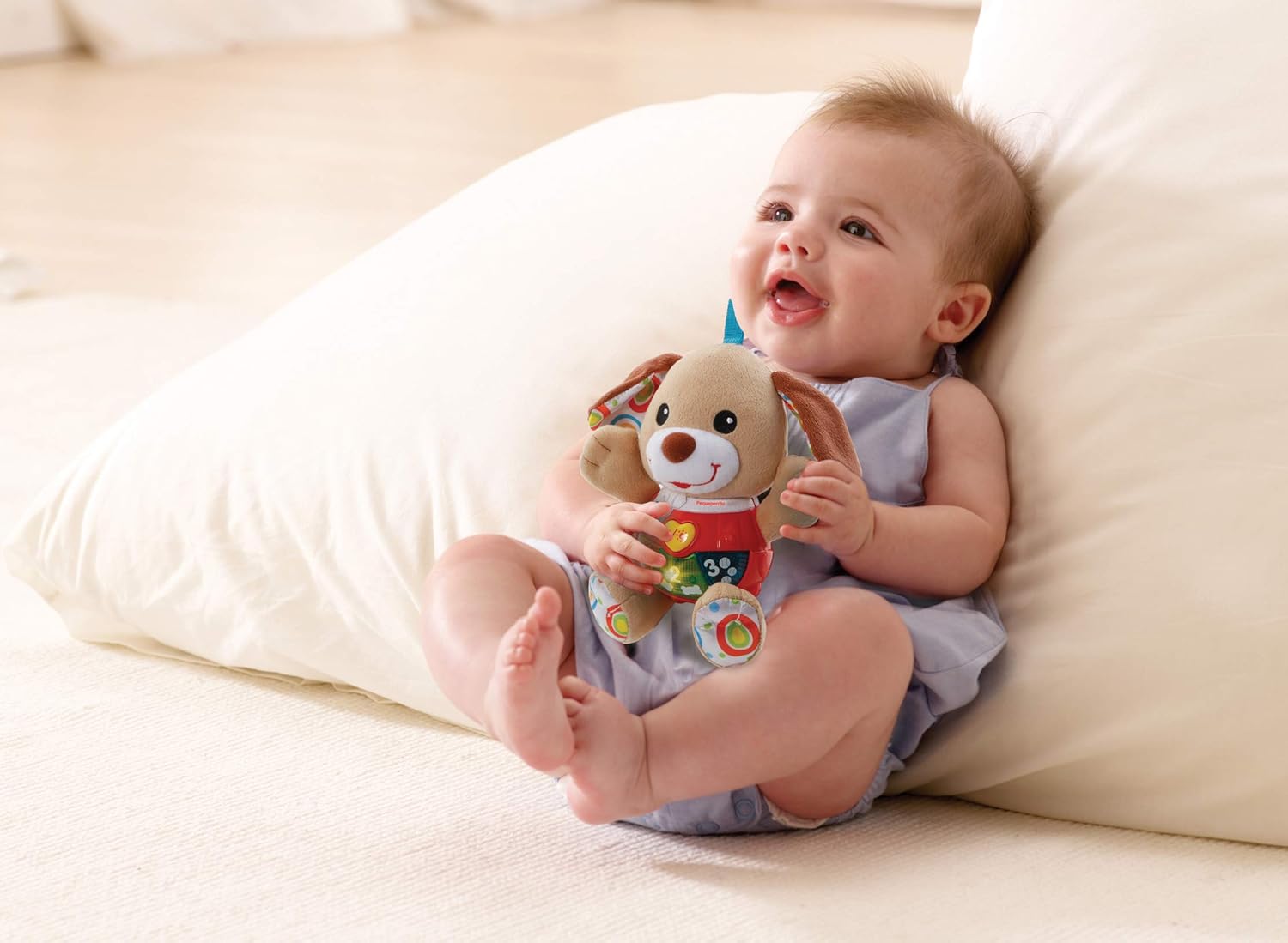VTech -Baby Small Interactive Plush Dog with Songs Voices and Activities That Stimulate Baby in Different Aspects Development Motor, Language and Sensory, Brown (3480-502322)