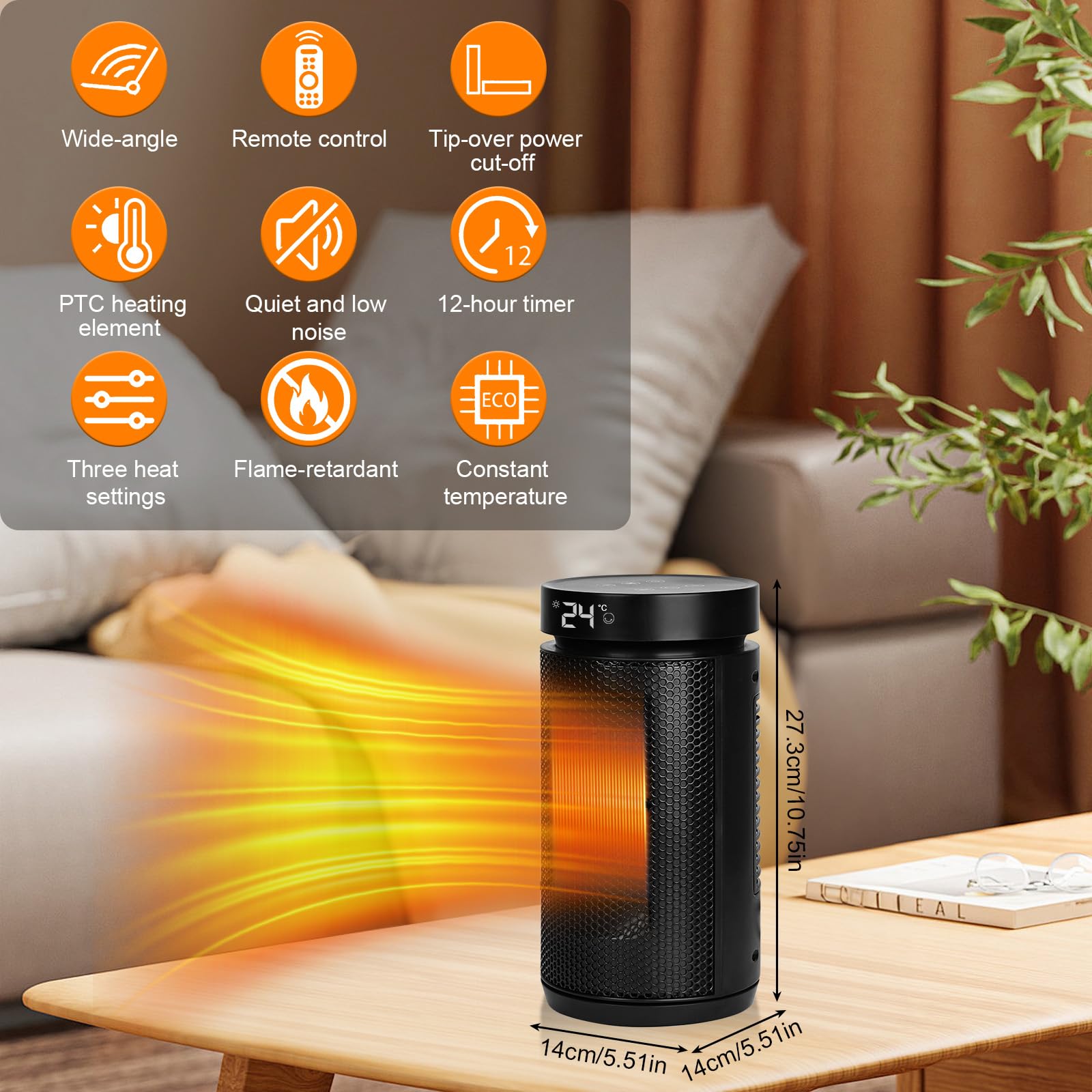 Heizlüfter 2000W，PTC Keramik Heizlüfter Energiesparend Leise mit ECO Modus,4 Heizmodi mit 70 ° Oszillation,12 Stunden-Timer, Fernbedienung, Überhitzungs und Kippschutz