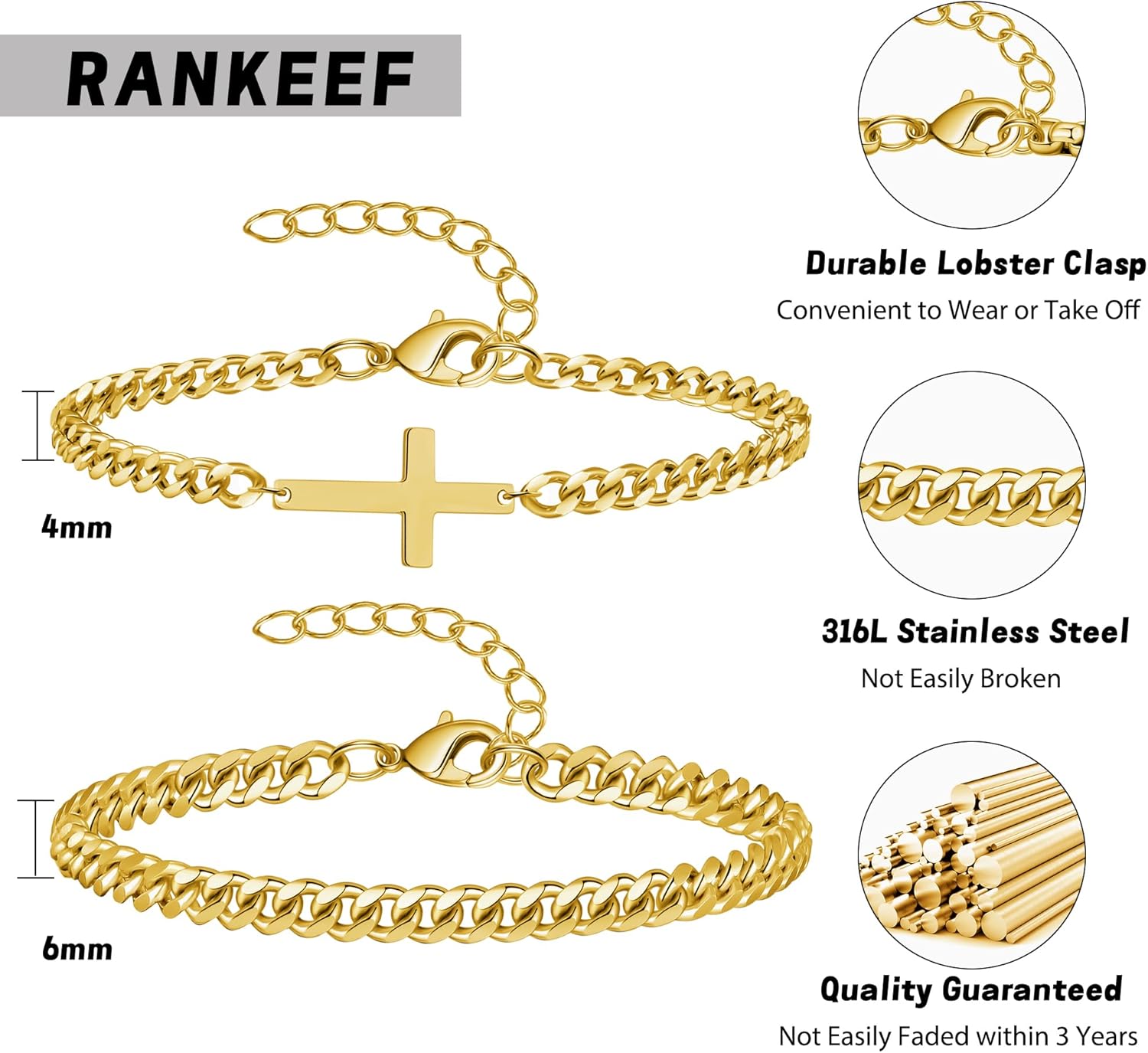 RANKEEF 2Pcs Mens Silver Bracelet with Cross Pearl Sturdy Stainless Steel Bracelets for Men Non Tarnish Adjustable Snake Box Figaro Rope Cuban Link Bracelet Set Gifts to Men Dad - Image 4