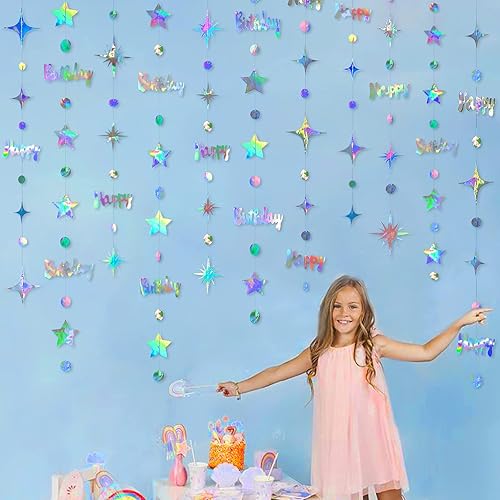 Miniatura 4 de Decoraciones iridiscentes de feliz cumpleaños, kit de guirnalda de estrellas centelleantes con lunares circulares holográficos metálicos para