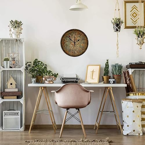 Miniatura 6 de Reloj de pared de madera de 10 pulgadas, silencioso, fácil de leer, estilo vintage, mapa del viejo mundo, reloj redondo de madera, estilo rural,