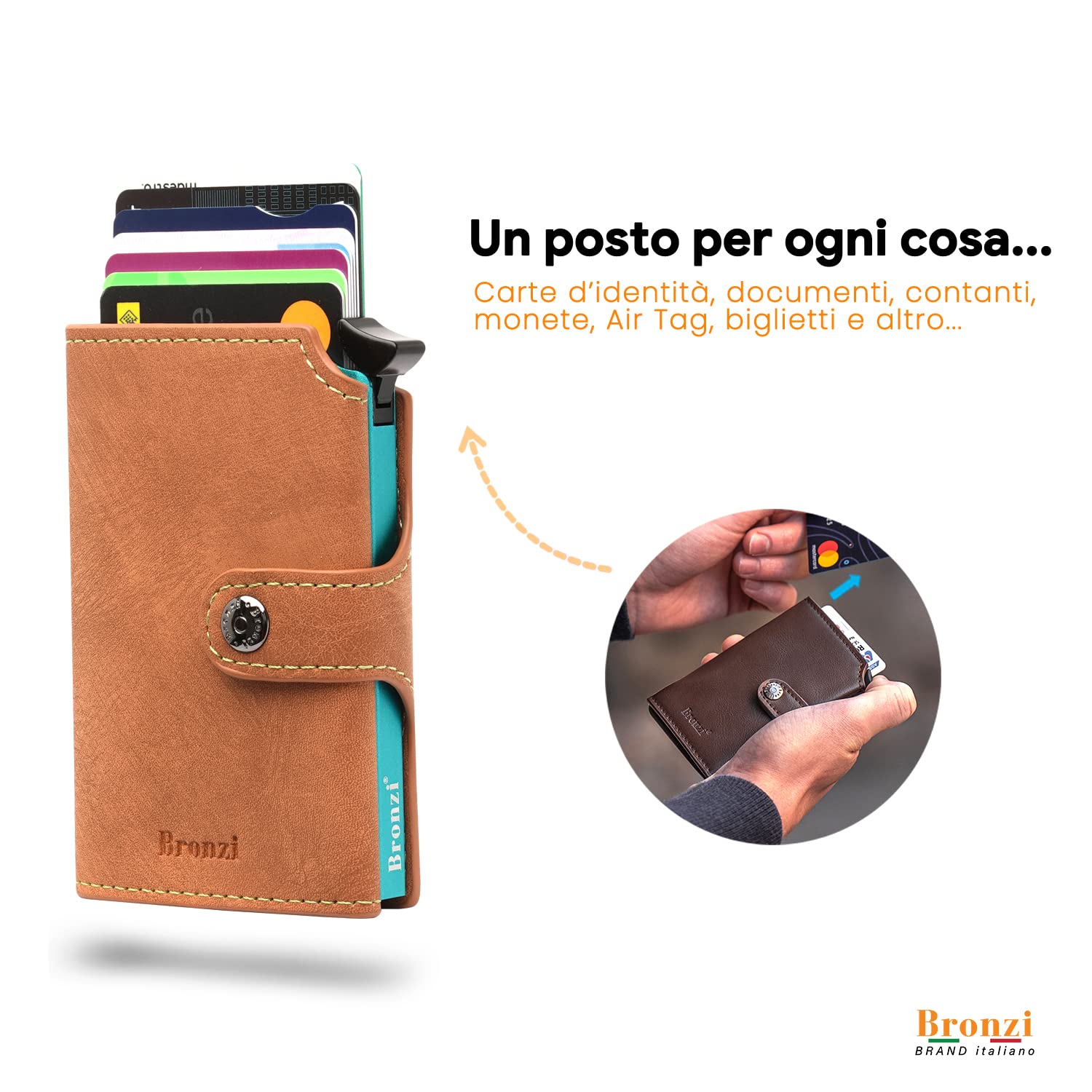 Bronzi Portafogli Uomo Piccolo Slim - Porta Carte Di Credito Con Portamonete - Regalo - Porta Tessere e Documenti Tascabile Italiano (Vellutato Marrone)