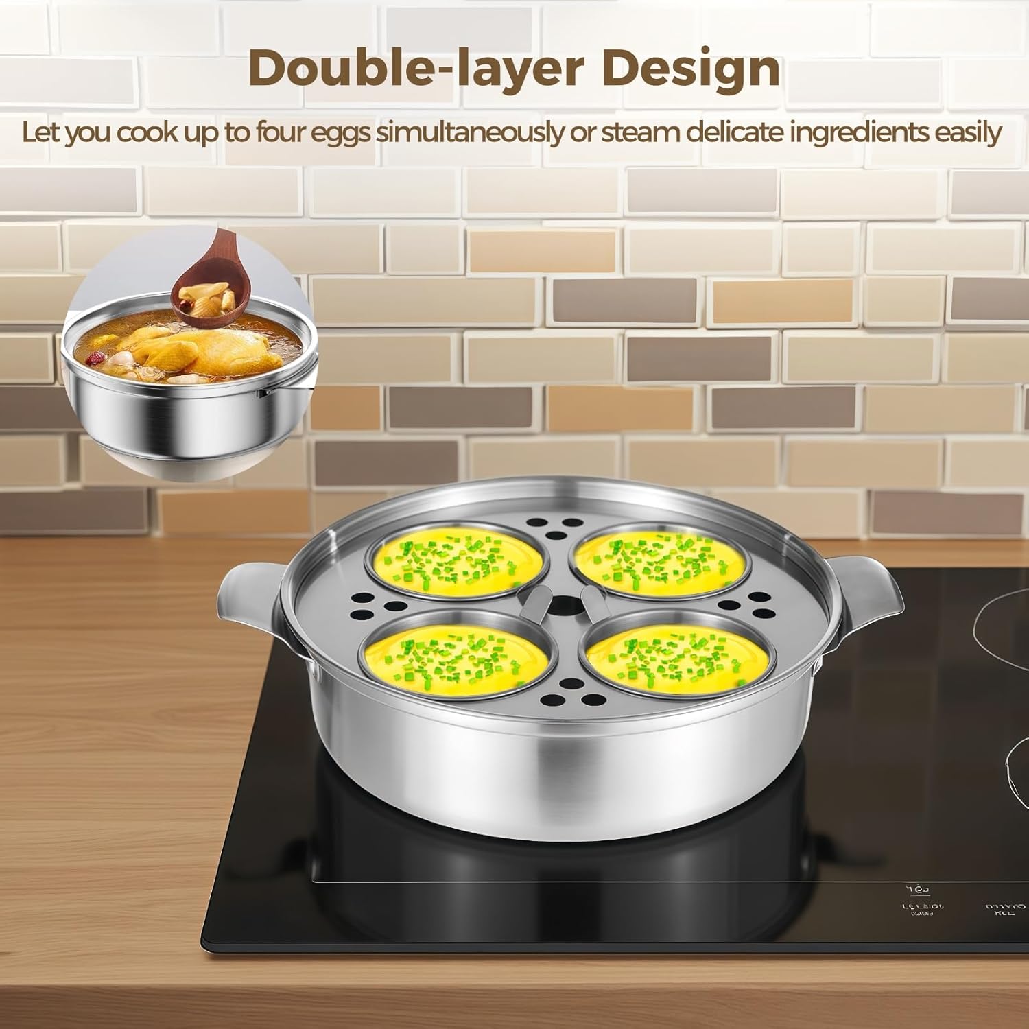 Egg Poaching Pan Crafted from Stainless Steel, Steamer Pot with Four Poached Egg Holders, Cooking Tool for Stove and Induction Use, Robust and Uniform Heating, Dimensions 9.4 X 2.6 Inches