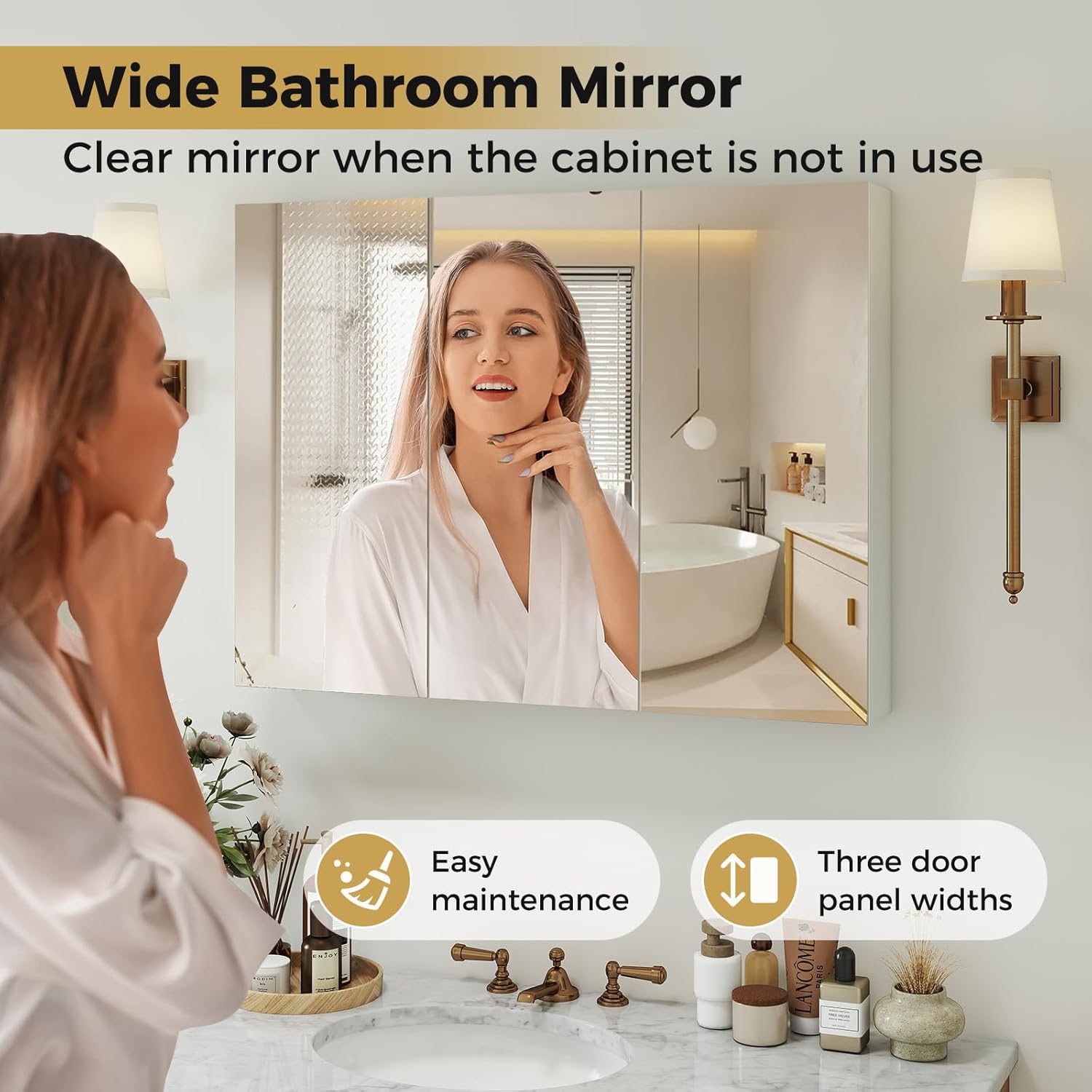 COSTWAY Frameless Bathroom Medicine Cabinet with Mirror, 3-Door Wall-Mounted Storage Cabinet with Shelves, Recess or Surface Mount Optional