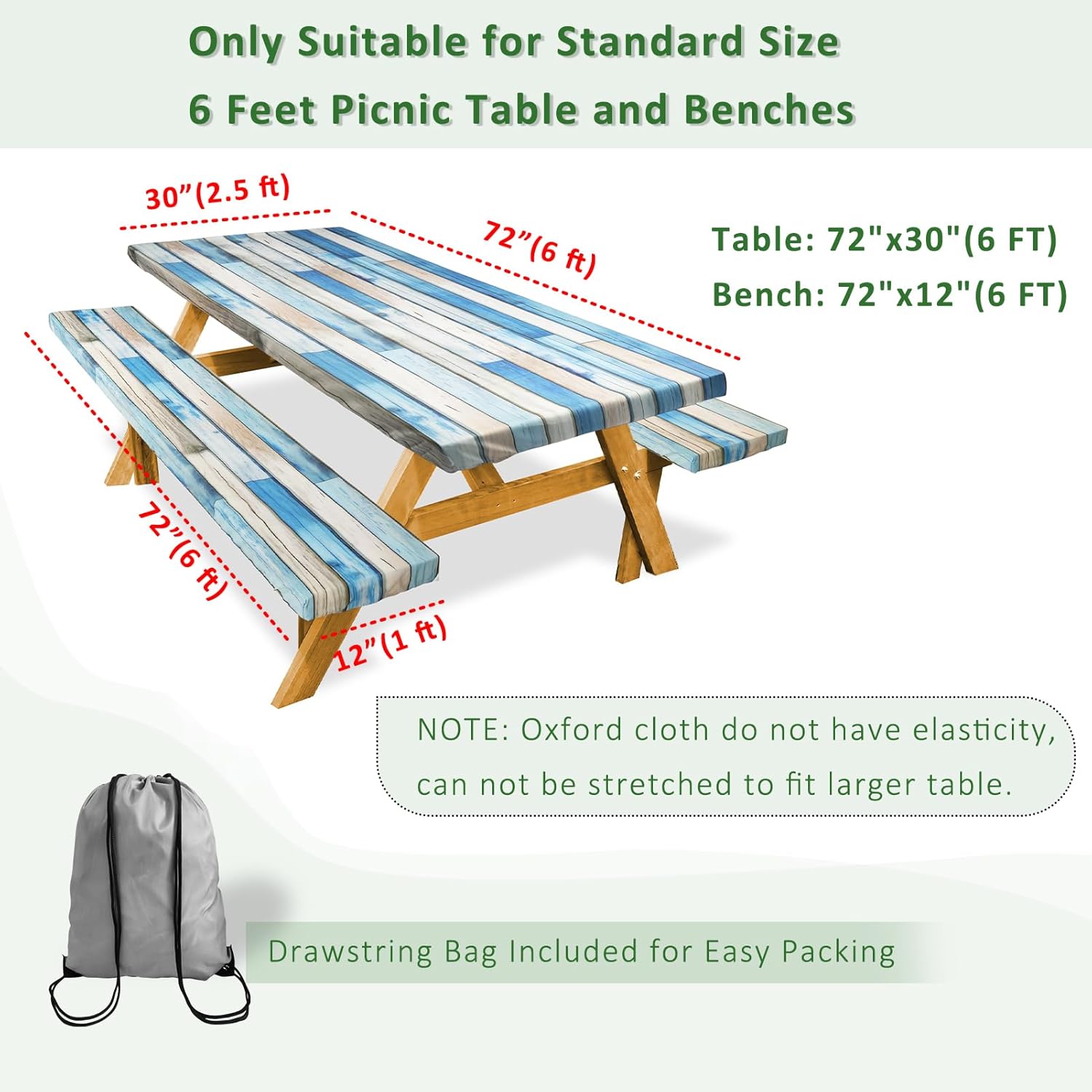 Picnic Table Cover with Bench Covers 72in Camping Essentials Reusable Waterproof Windproof Camping Tablecloth Fitted Rectangle Tables and Seats, Blue White Wood - Image 2