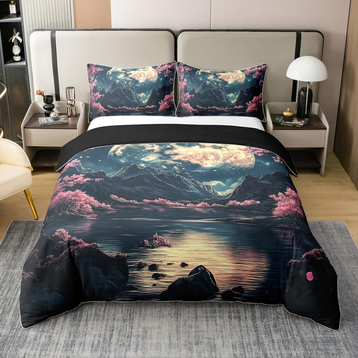 100% Baumwolle Bettbezug Kirschblüte Bettwäsche Set 200x200 Kinder Jungen Mädchen,Öl Kunst Sakura Tröster Abdeckung Tradition Mond Berg Bett Set Träumige Landschaft mit 2 Kissenbezüge Zimmer Dekor