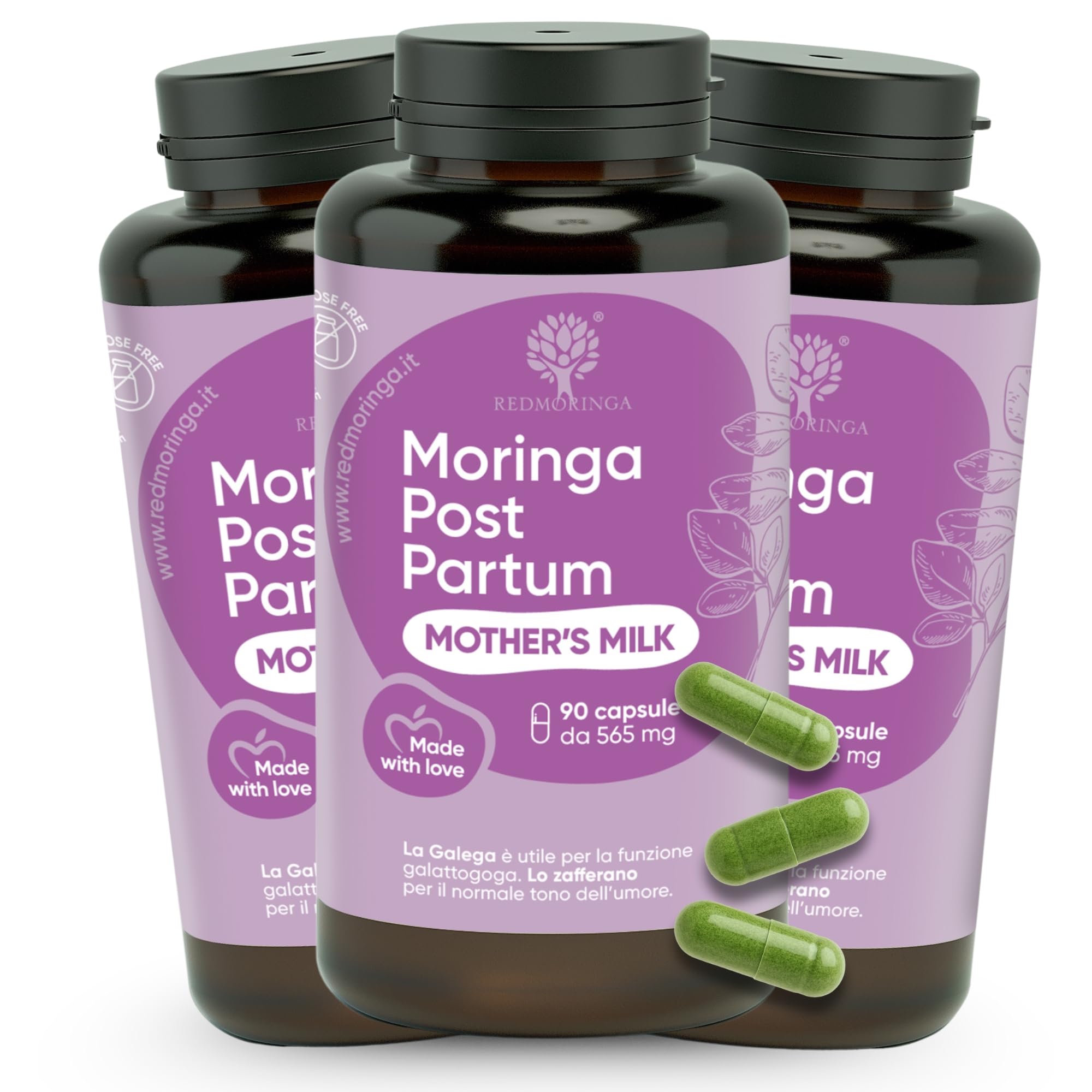 RedMoringa Post Partum Integratore Allattamento e Umore | Galega 2% Lattazione e Zafferano 3,5% Umore | Supporto allattamento al seno 100% Naturale per Neomamma | 270 Capsule Vegetali | UNICO al MONDO